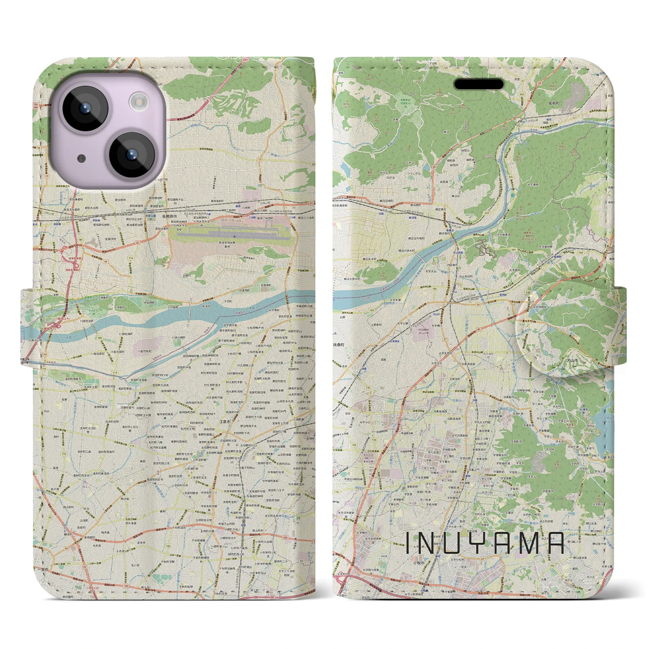 【犬山】地図柄iPhoneケース（手帳両面タイプ・ナチュラル）iPhone 14 用
