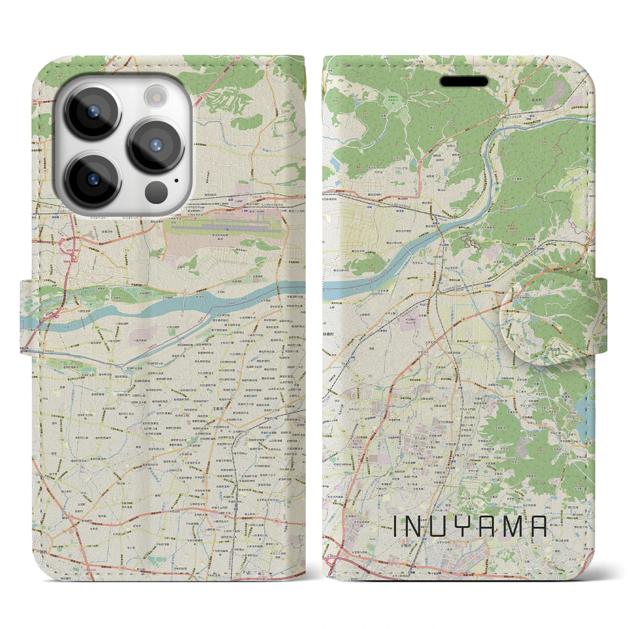 【犬山】地図柄iPhoneケース（手帳両面タイプ・ナチュラル）iPhone 14 Pro 用