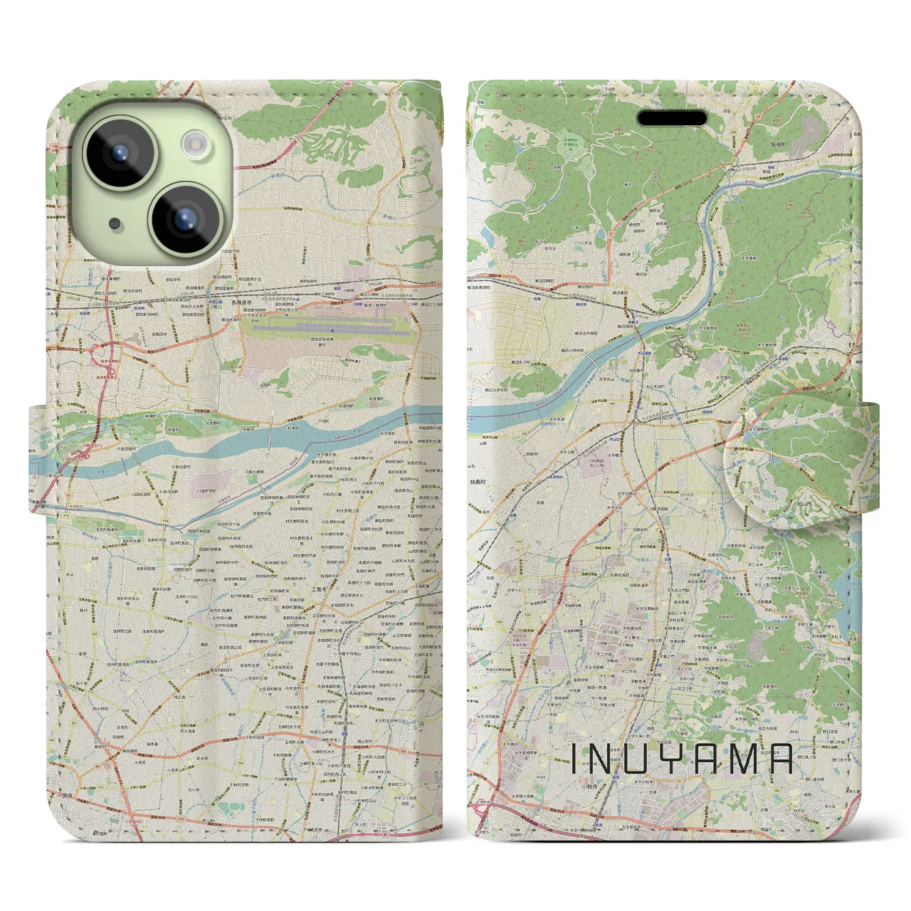 【犬山】地図柄iPhoneケース（手帳両面タイプ・ナチュラル）iPhone 15 用