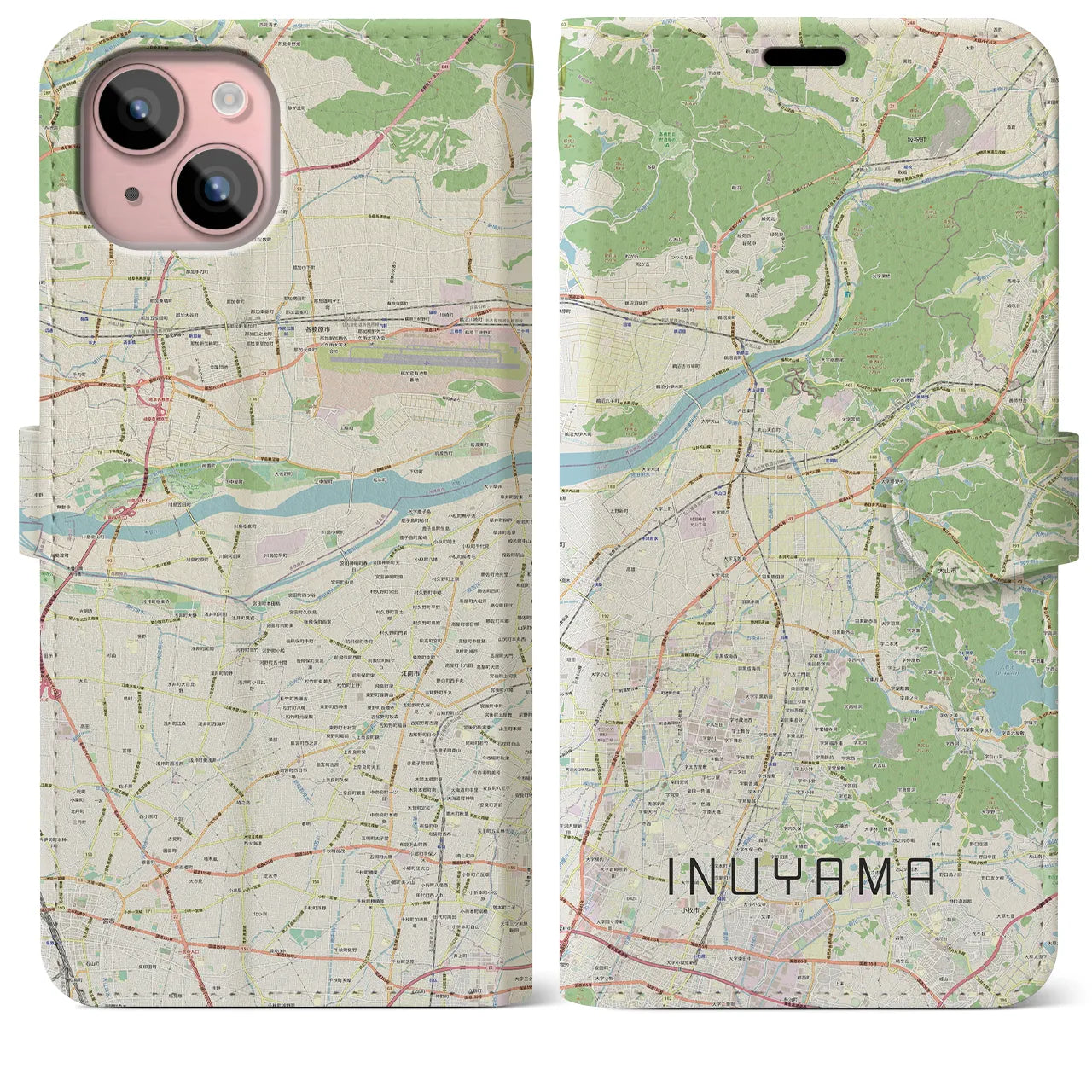 【犬山】地図柄iPhoneケース（手帳両面タイプ・ナチュラル）iPhone 15 Plus 用