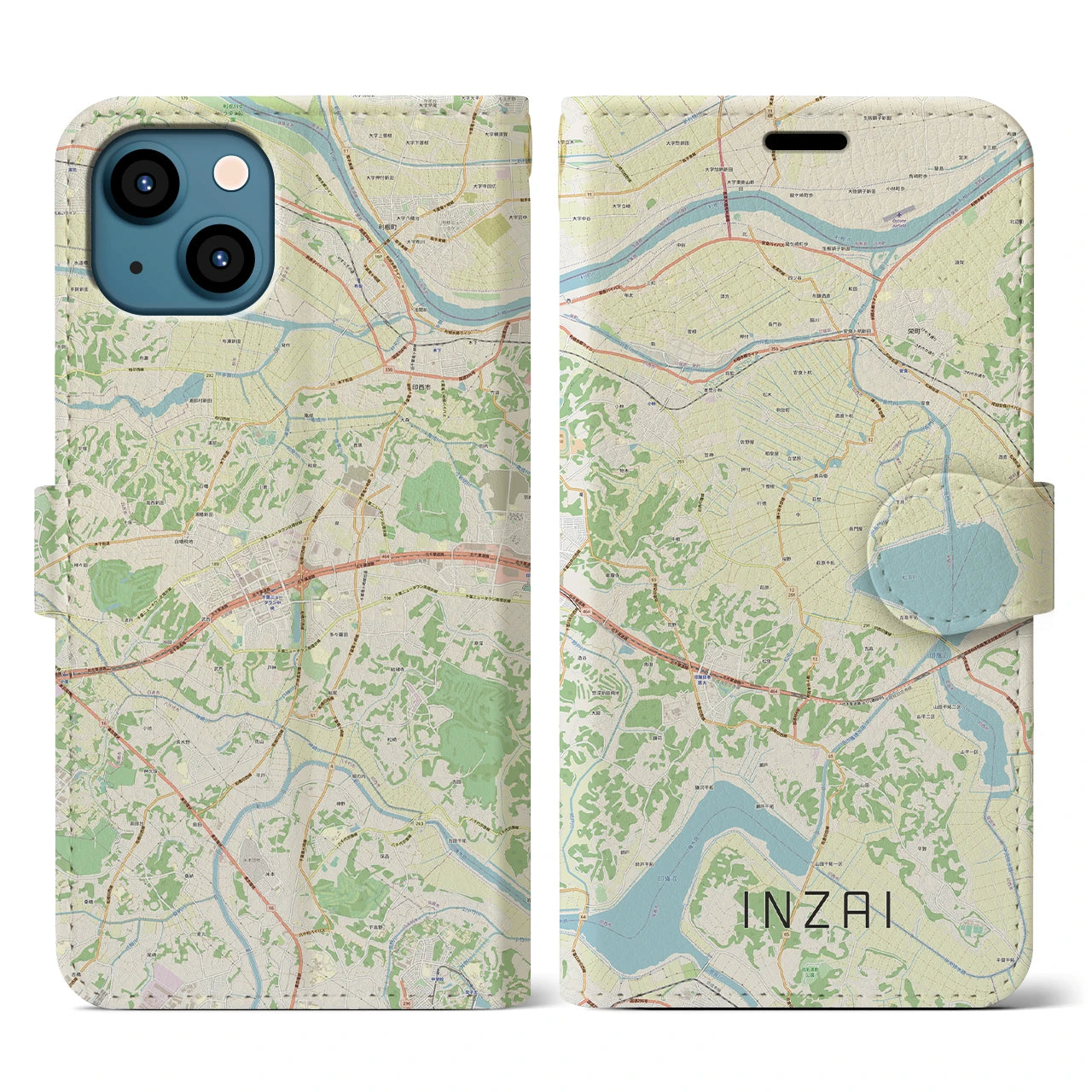【印西】地図柄iPhoneケース（手帳両面タイプ・ナチュラル）iPhone 13 用