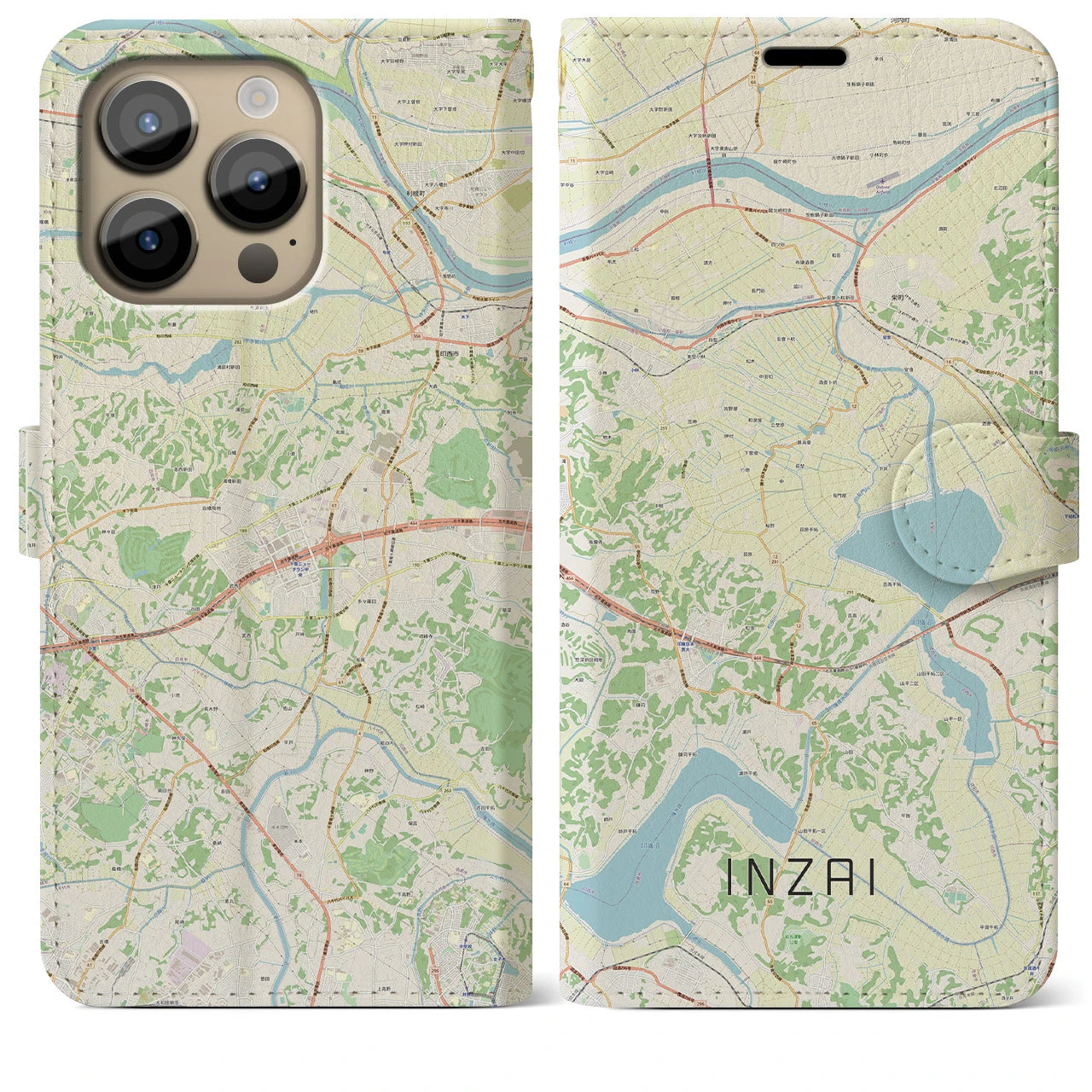 【印西】地図柄iPhoneケース（手帳両面タイプ・ナチュラル）iPhone 14 Pro Max 用