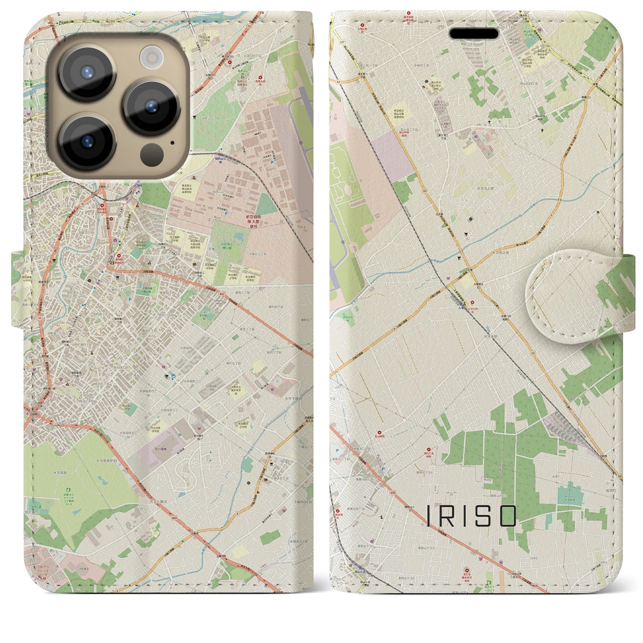 【入曽】地図柄iPhoneケース（手帳両面タイプ・ナチュラル）iPhone 14 Pro Max 用