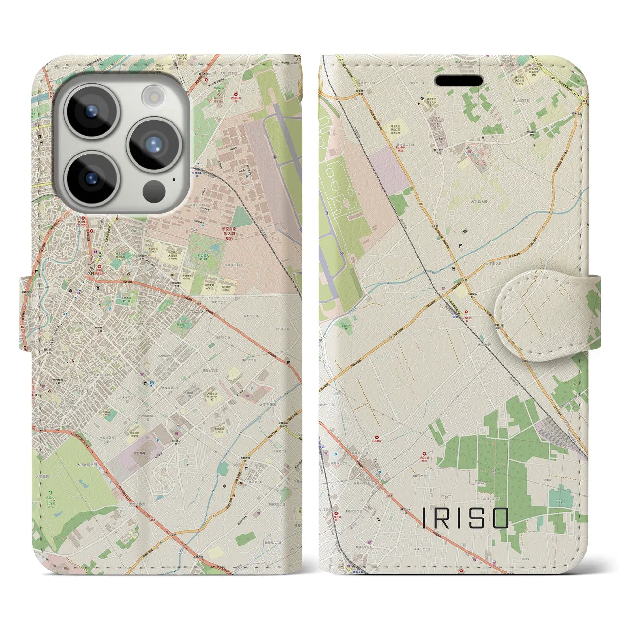 【入曽】地図柄iPhoneケース（手帳両面タイプ・ナチュラル）iPhone 15 Pro 用