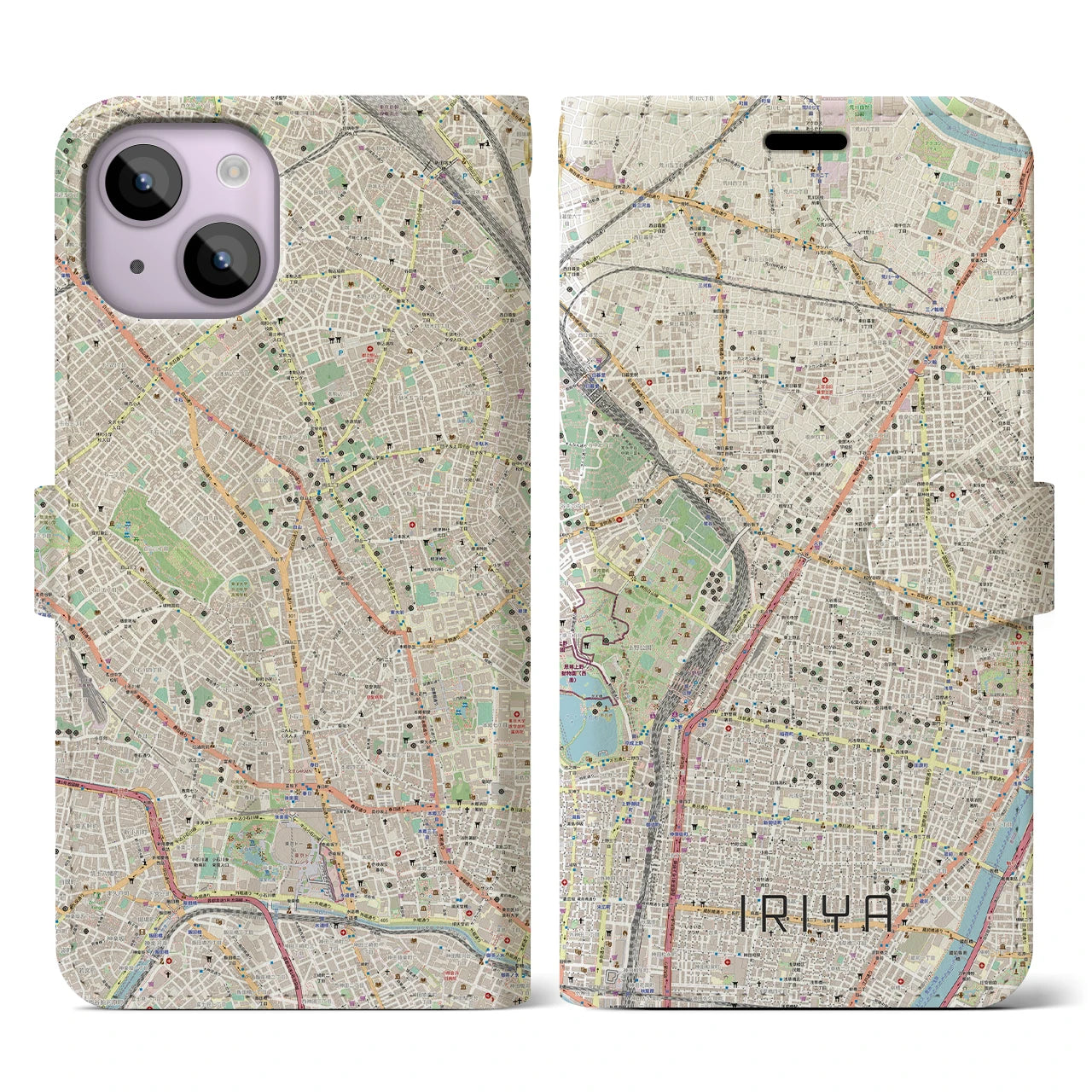 【入谷】地図柄iPhoneケース（手帳両面タイプ・ナチュラル）iPhone 14 用