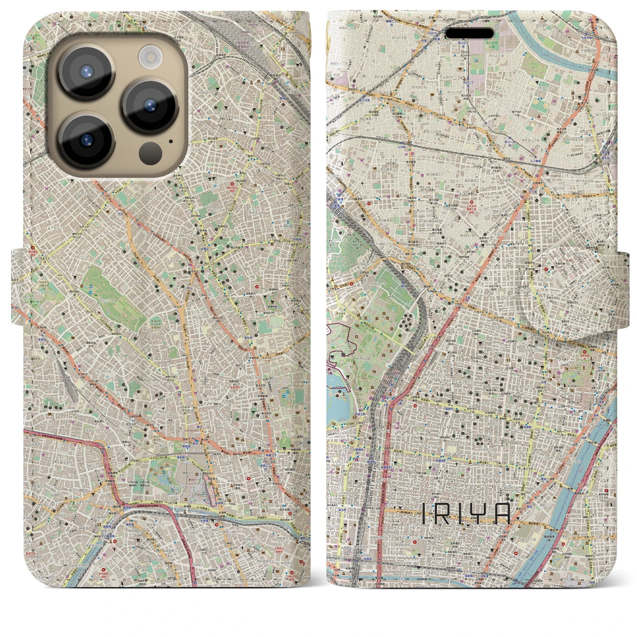 【入谷】地図柄iPhoneケース（手帳両面タイプ・ナチュラル）iPhone 14 Pro Max 用