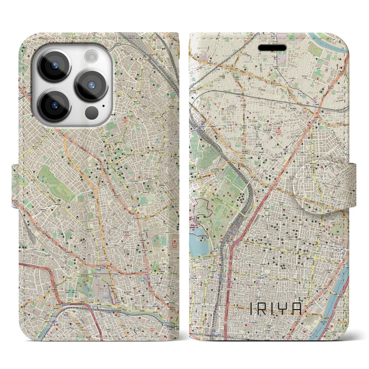 【入谷】地図柄iPhoneケース（手帳両面タイプ・ナチュラル）iPhone 14 Pro 用