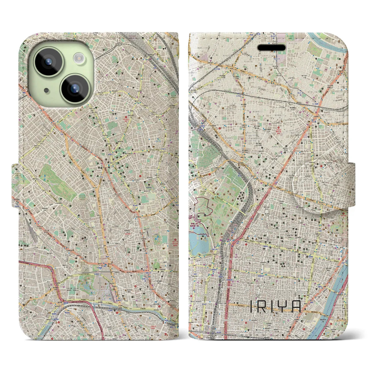 【入谷】地図柄iPhoneケース（手帳両面タイプ・ナチュラル）iPhone 15 用