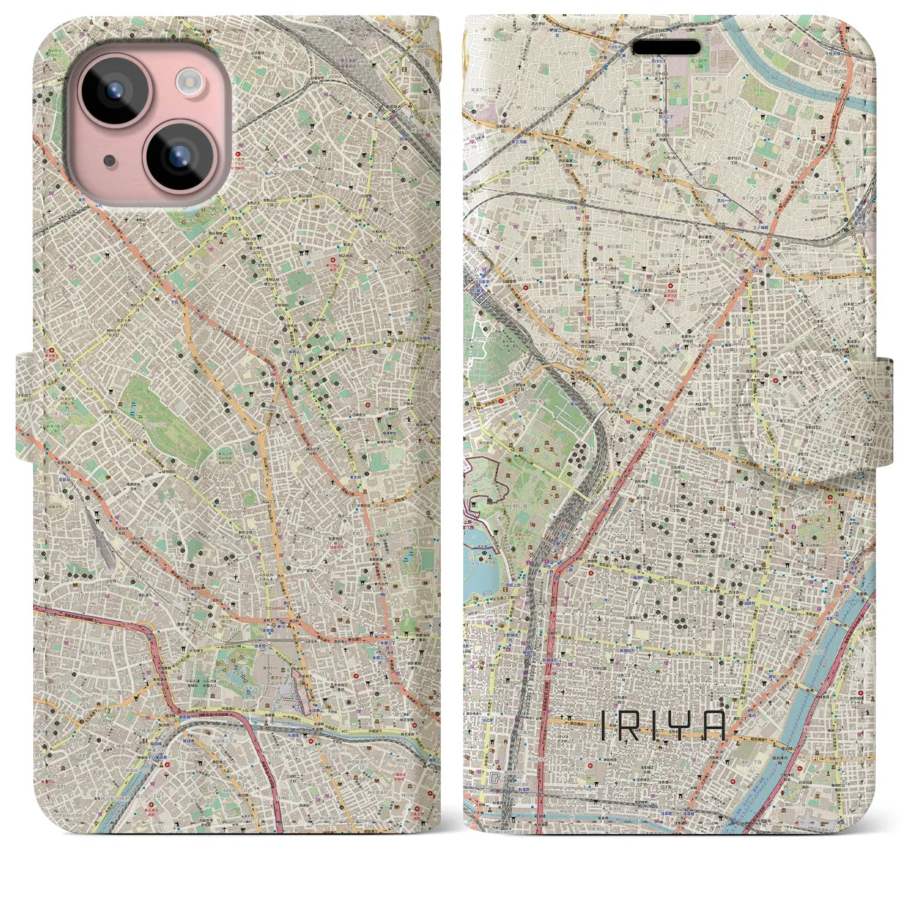 【入谷】地図柄iPhoneケース（手帳両面タイプ・ナチュラル）iPhone 15 Plus 用