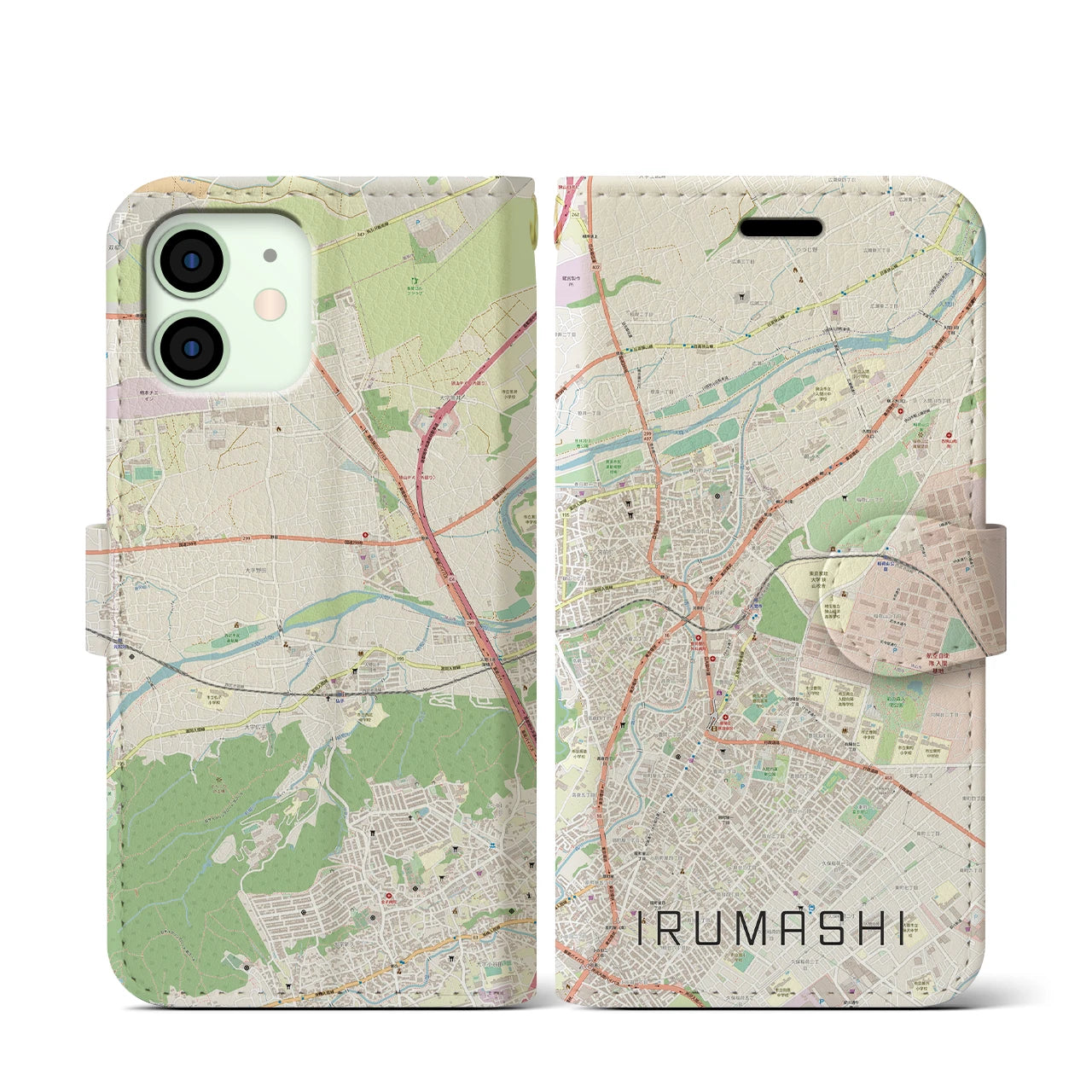 【入間市】地図柄iPhoneケース（手帳両面タイプ・ナチュラル）iPhone 12 mini 用