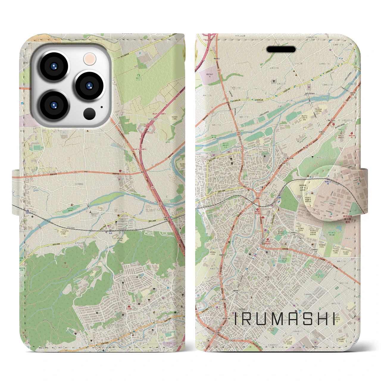 【入間市】地図柄iPhoneケース（手帳両面タイプ・ナチュラル）iPhone 13 Pro 用