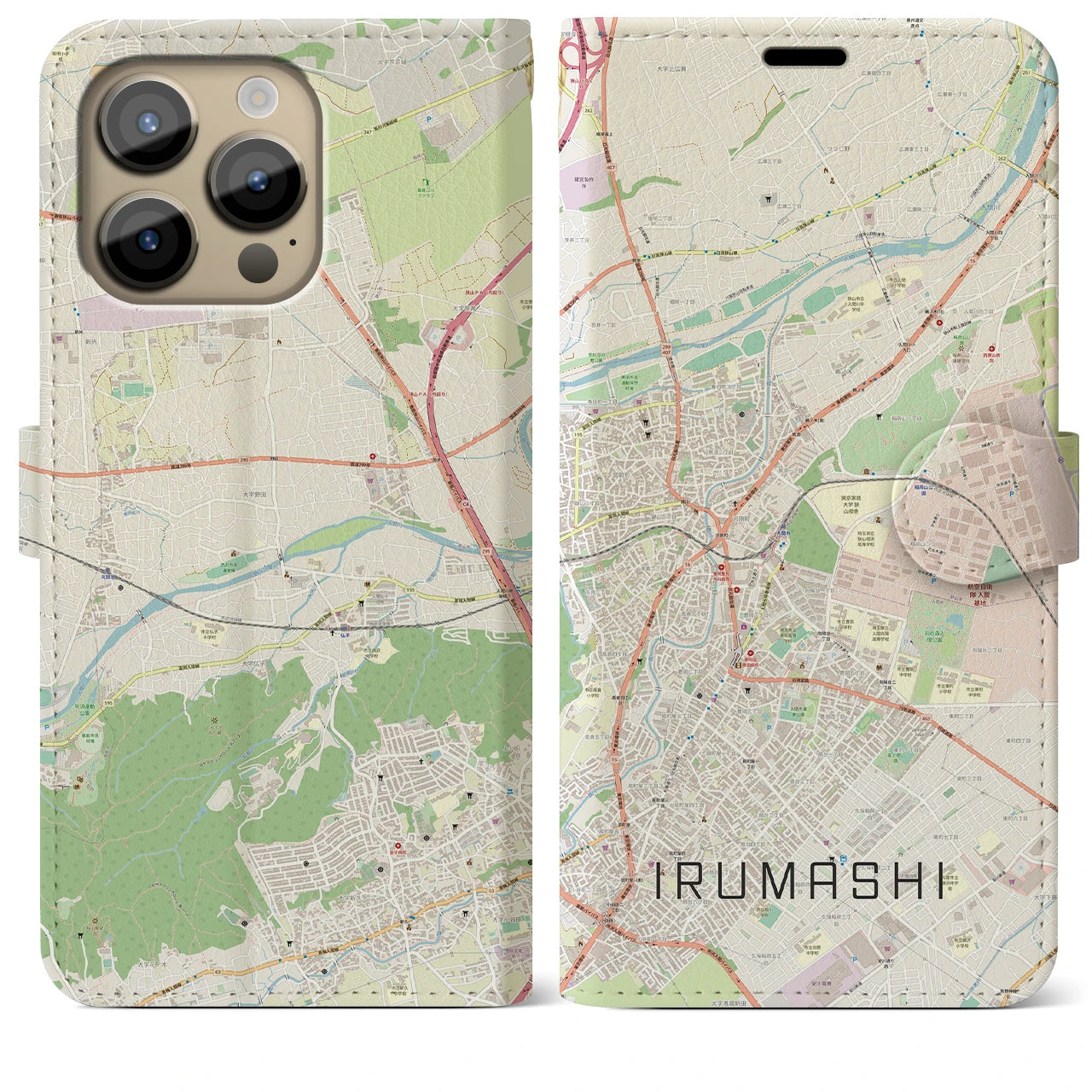 【入間市】地図柄iPhoneケース（手帳両面タイプ・ナチュラル）iPhone 14 Pro Max 用