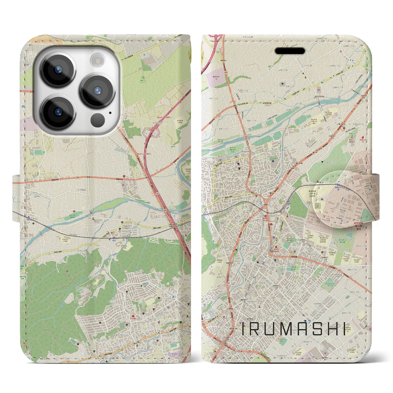 【入間市】地図柄iPhoneケース（手帳両面タイプ・ナチュラル）iPhone 14 Pro 用