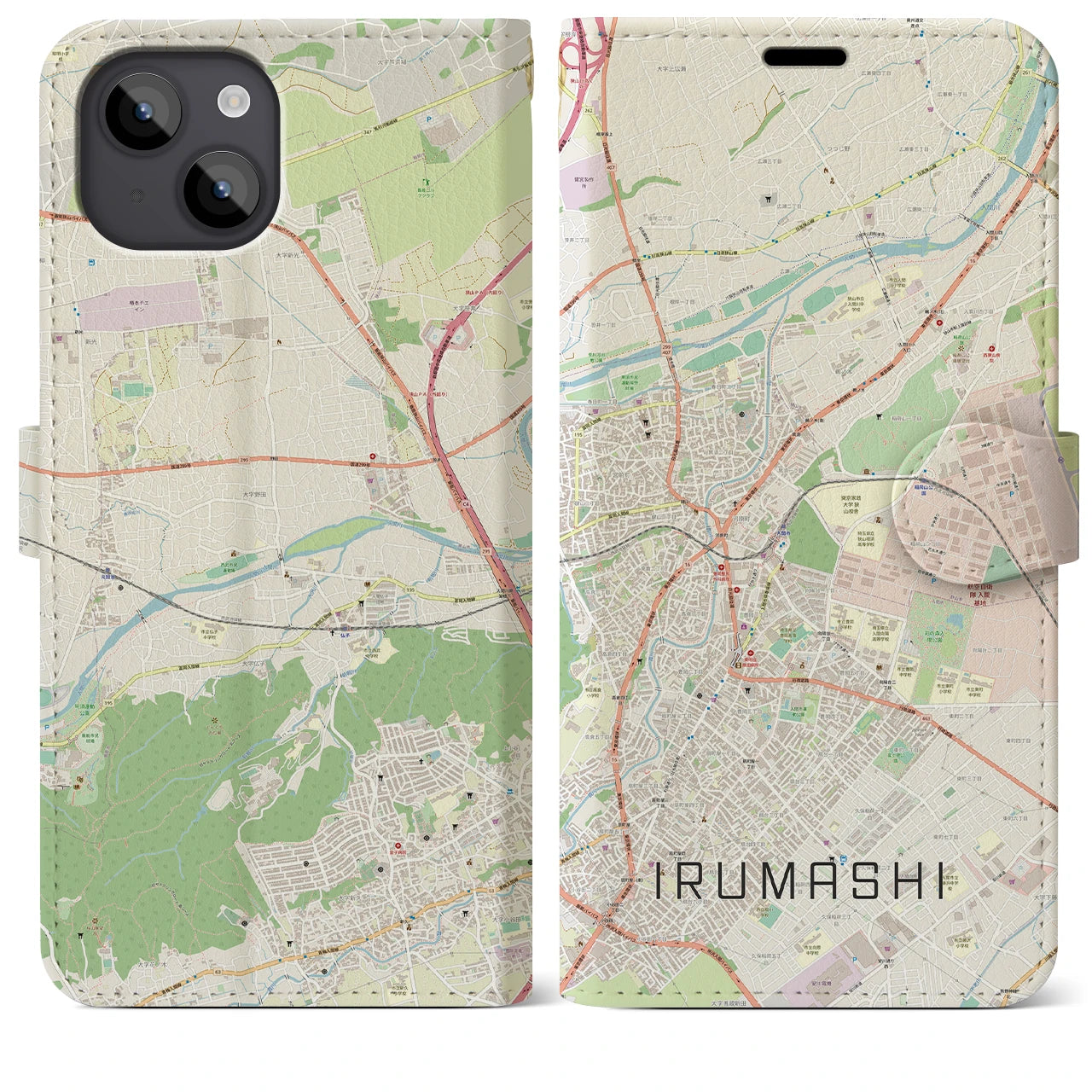 【入間市】地図柄iPhoneケース（手帳両面タイプ・ナチュラル）iPhone 14 Plus 用