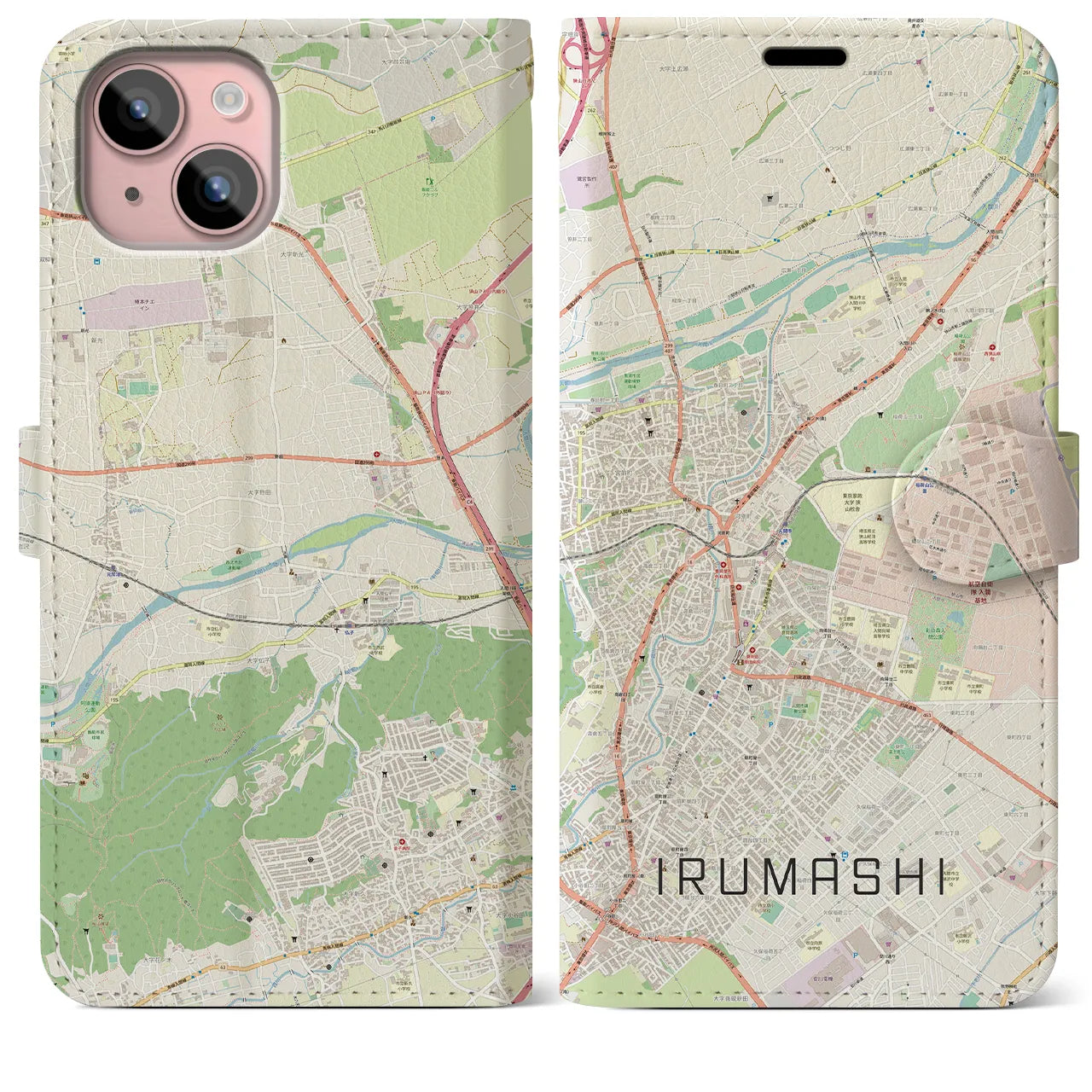 【入間市】地図柄iPhoneケース（手帳両面タイプ・ナチュラル）iPhone 15 Plus 用