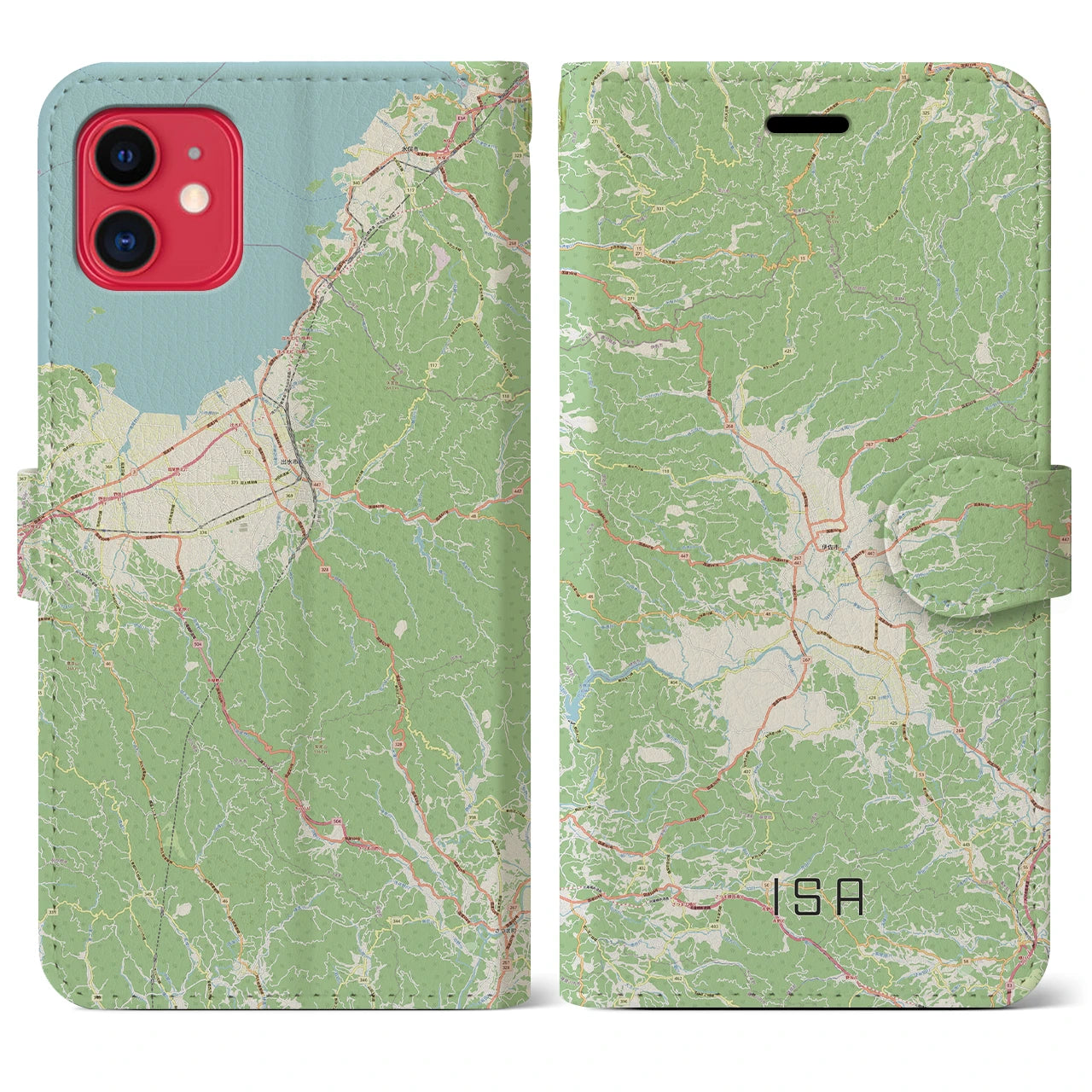 【伊佐】地図柄iPhoneケース（手帳両面タイプ・ナチュラル）iPhone 11 用