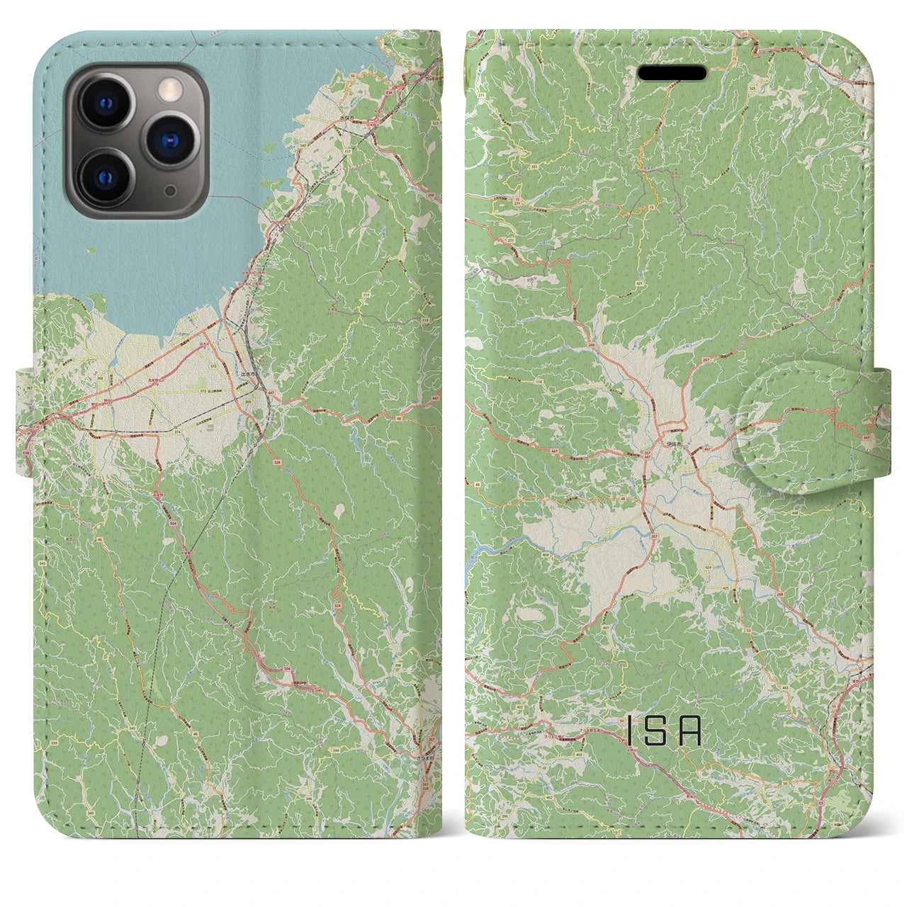 【伊佐】地図柄iPhoneケース（手帳両面タイプ・ナチュラル）iPhone 11 Pro Max 用