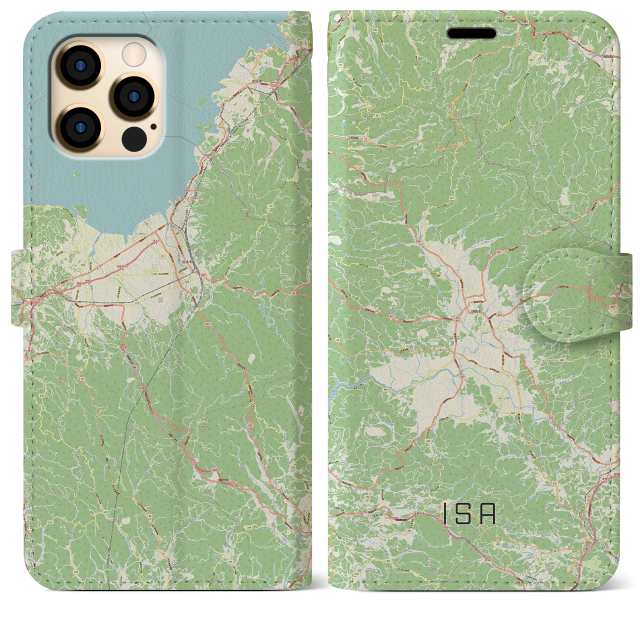 【伊佐】地図柄iPhoneケース（手帳両面タイプ・ナチュラル）iPhone 12 Pro Max 用