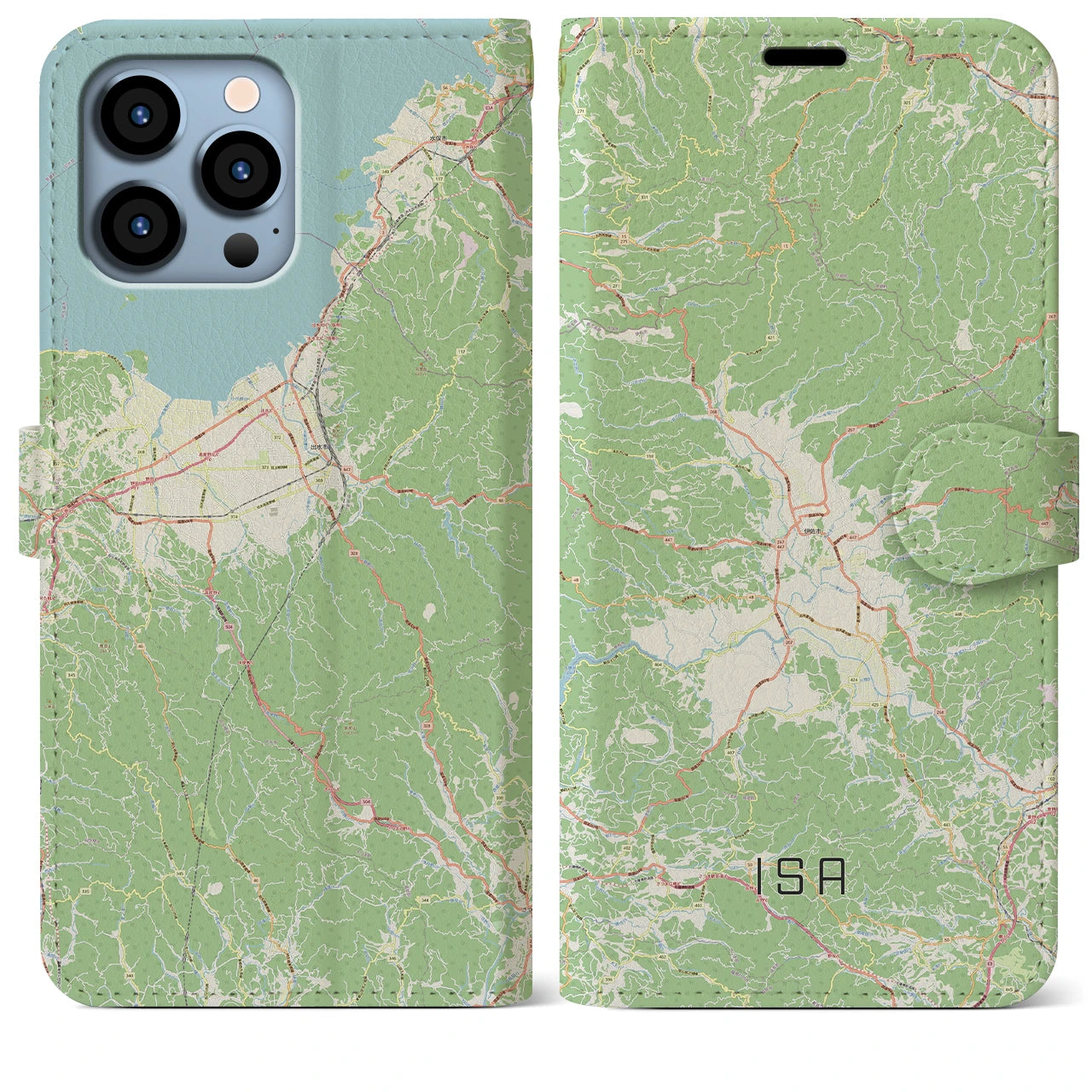 【伊佐】地図柄iPhoneケース（手帳両面タイプ・ナチュラル）iPhone 13 Pro Max 用