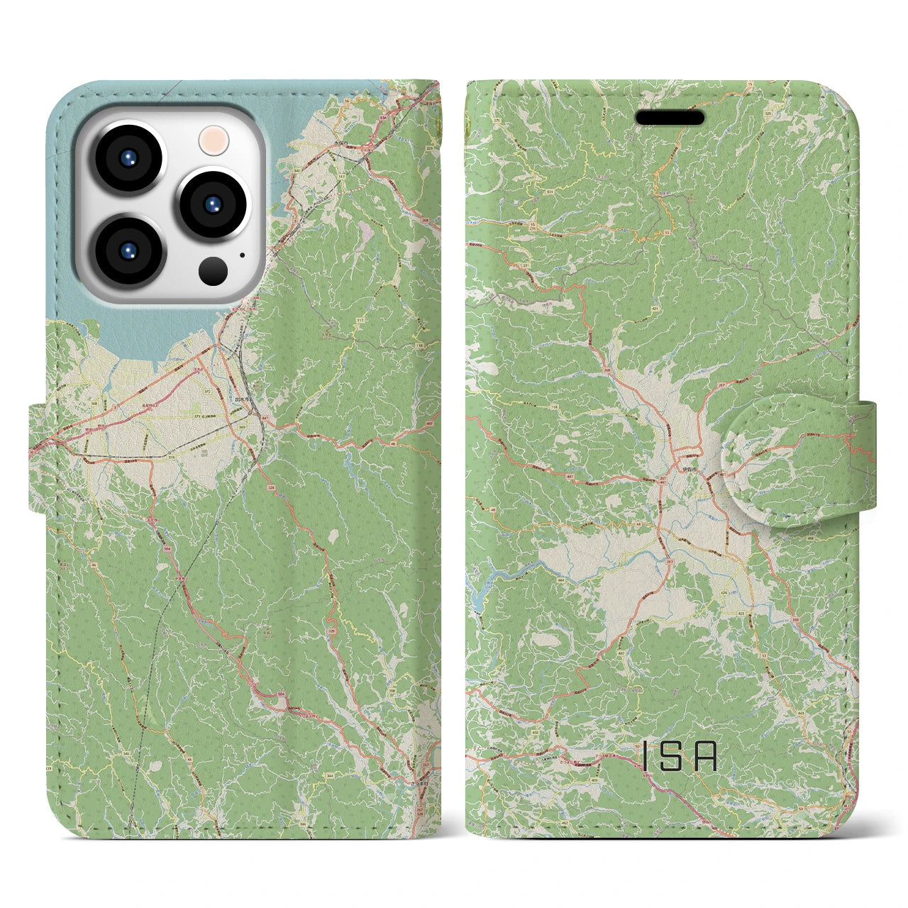 【伊佐】地図柄iPhoneケース（手帳両面タイプ・ナチュラル）iPhone 13 Pro 用