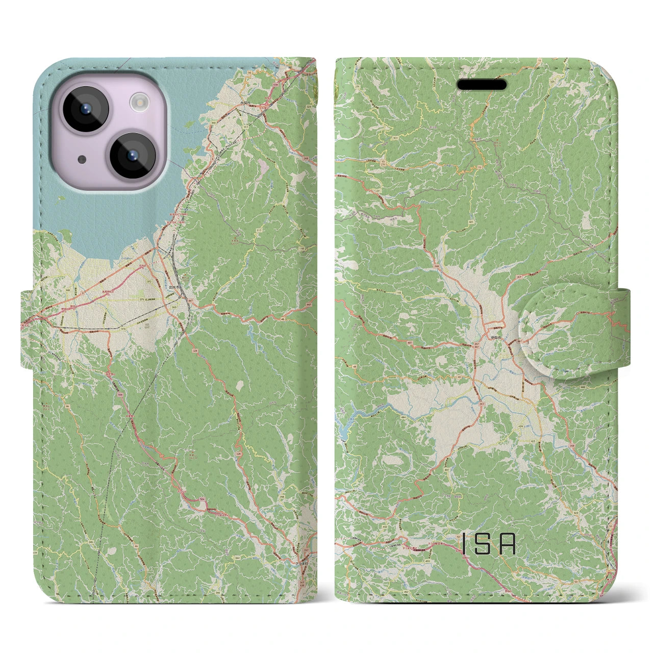 【伊佐】地図柄iPhoneケース（手帳両面タイプ・ナチュラル）iPhone 14 用