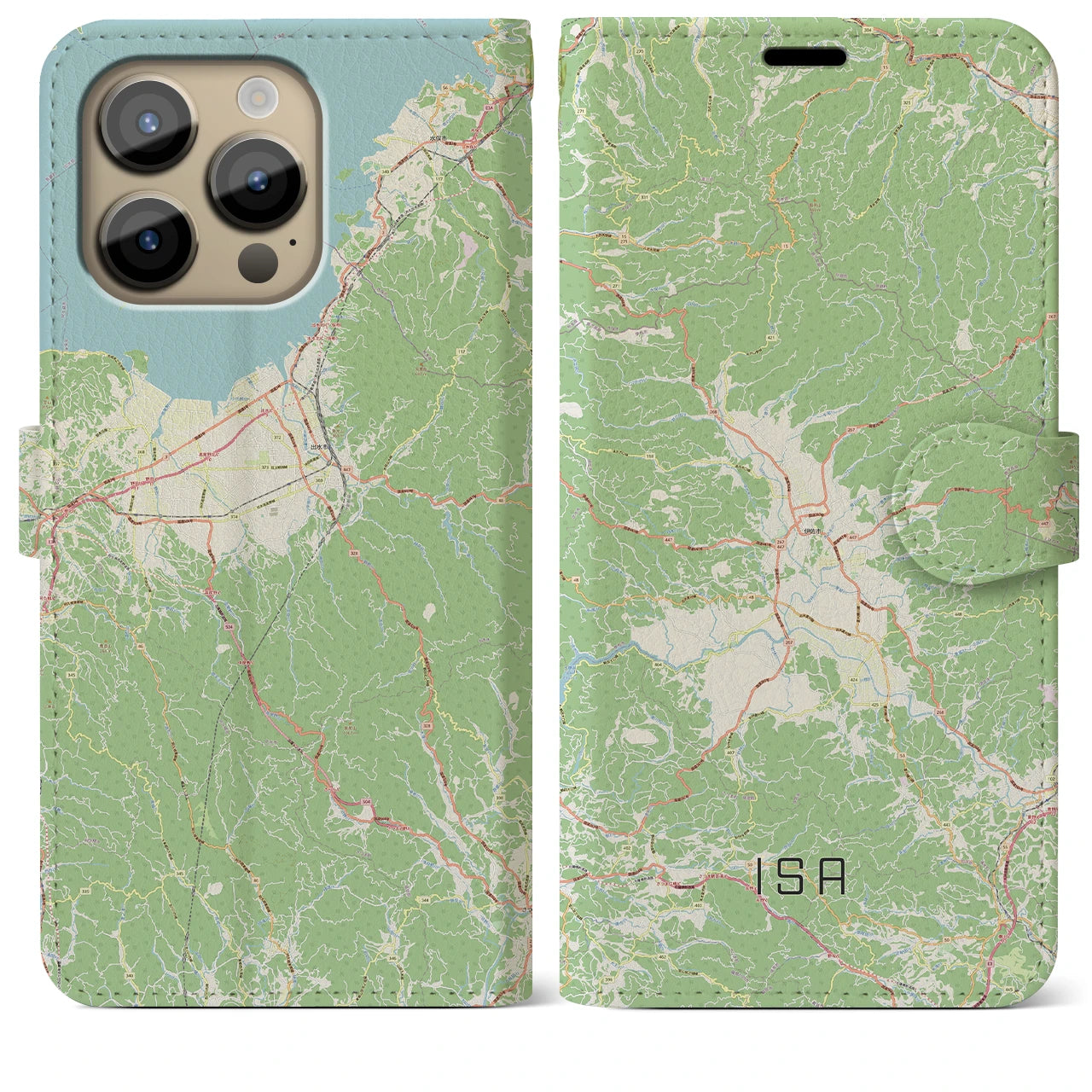 【伊佐】地図柄iPhoneケース（手帳両面タイプ・ナチュラル）iPhone 14 Pro Max 用