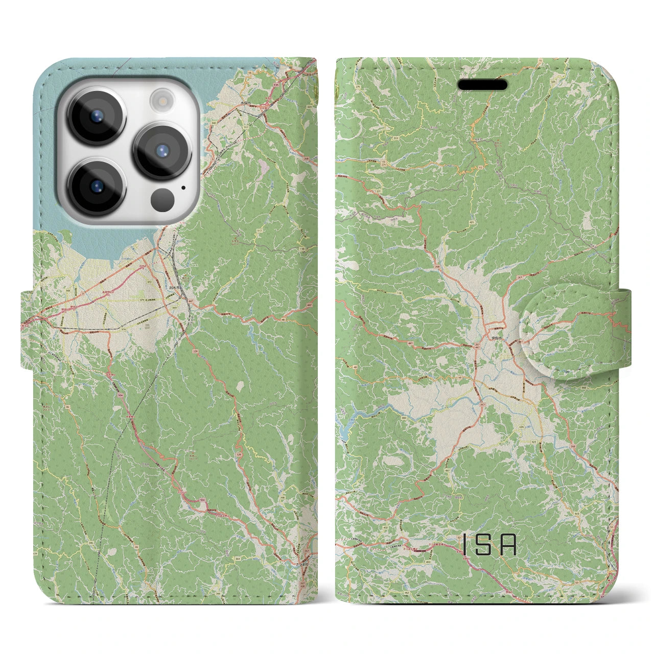【伊佐】地図柄iPhoneケース（手帳両面タイプ・ナチュラル）iPhone 14 Pro 用