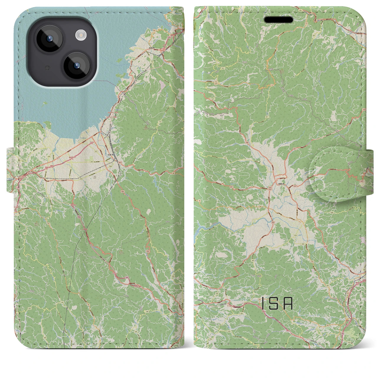 【伊佐】地図柄iPhoneケース（手帳両面タイプ・ナチュラル）iPhone 14 Plus 用