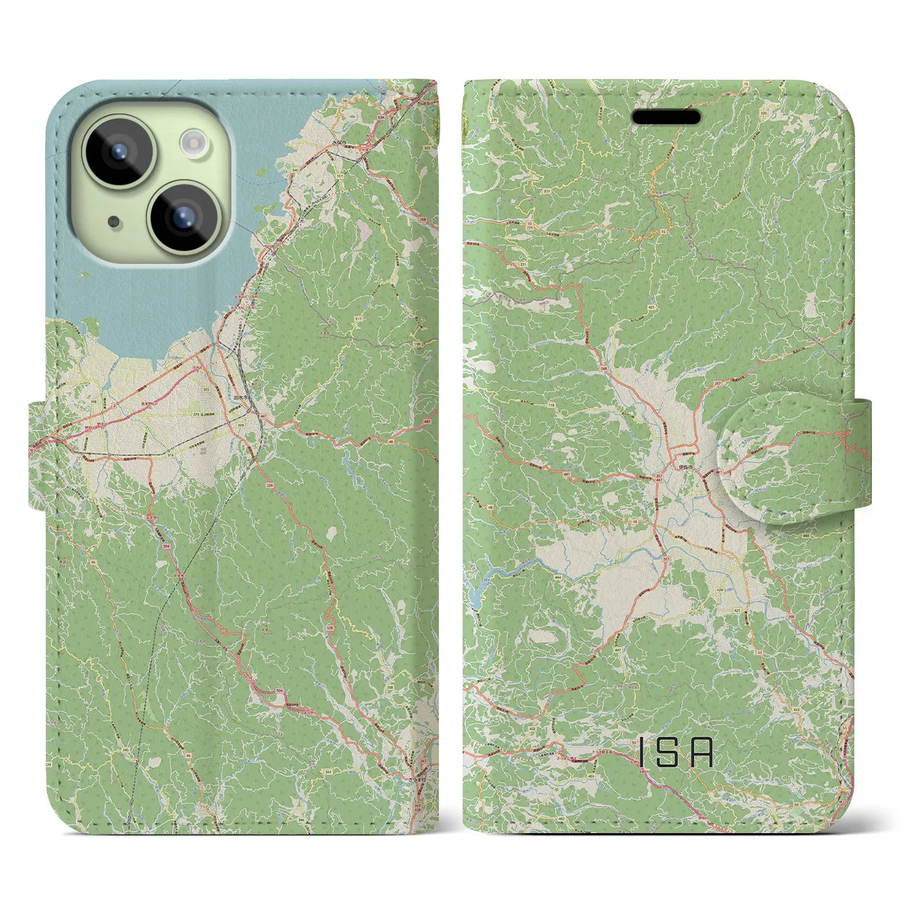 【伊佐】地図柄iPhoneケース（手帳両面タイプ・ナチュラル）iPhone 15 用