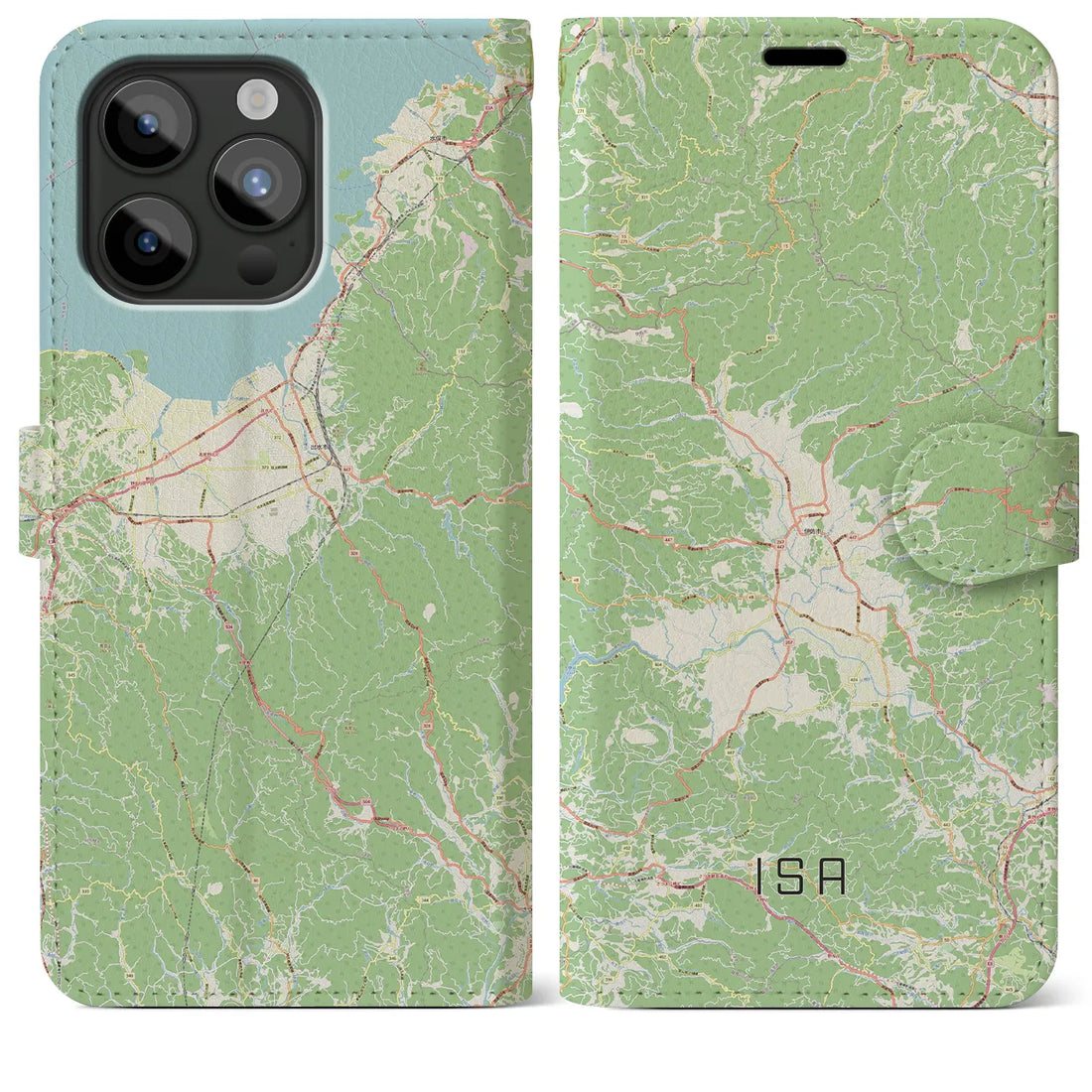 【伊佐】地図柄iPhoneケース（手帳両面タイプ・ナチュラル）iPhone 15 Pro Max 用