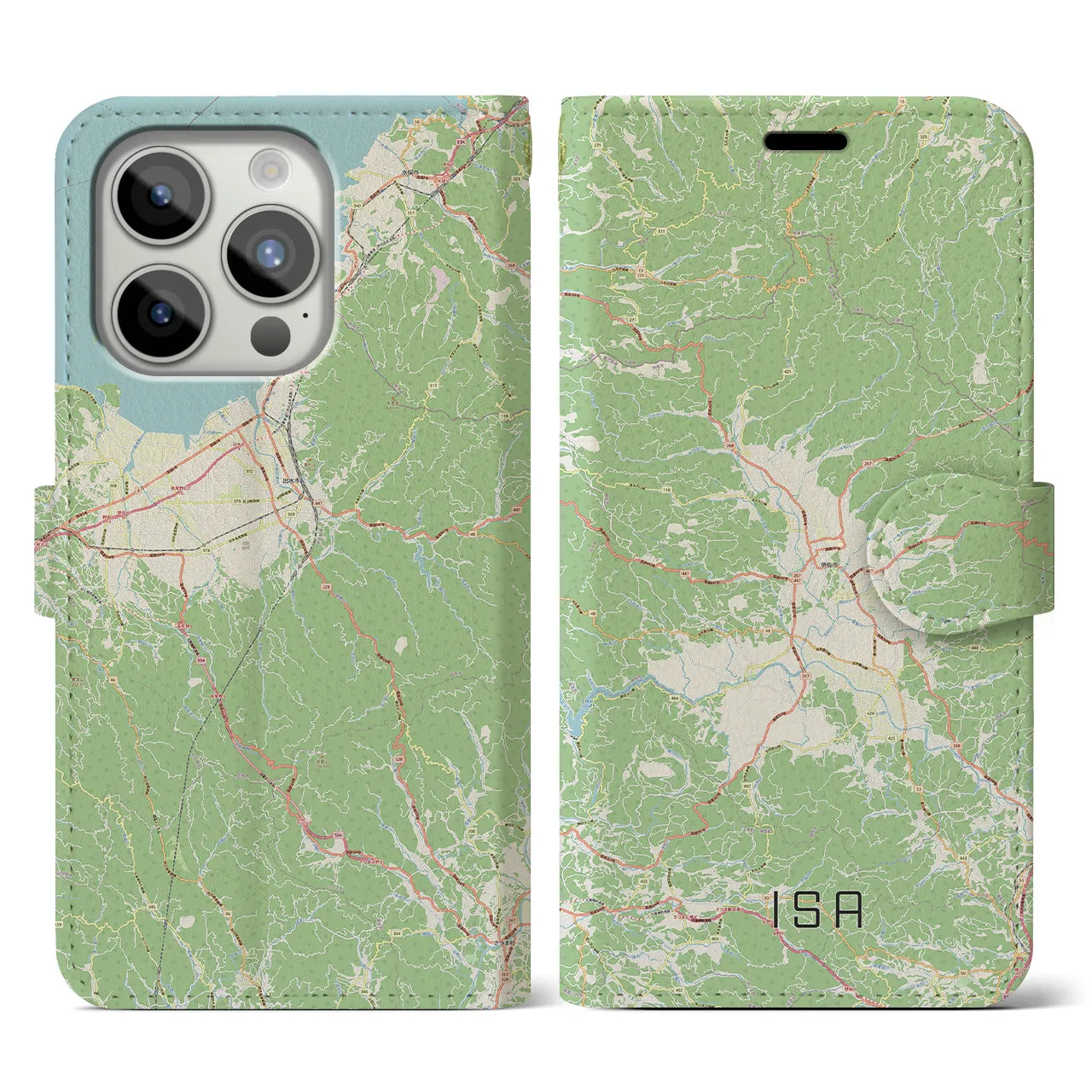 【伊佐】地図柄iPhoneケース（手帳両面タイプ・ナチュラル）iPhone 15 Pro 用