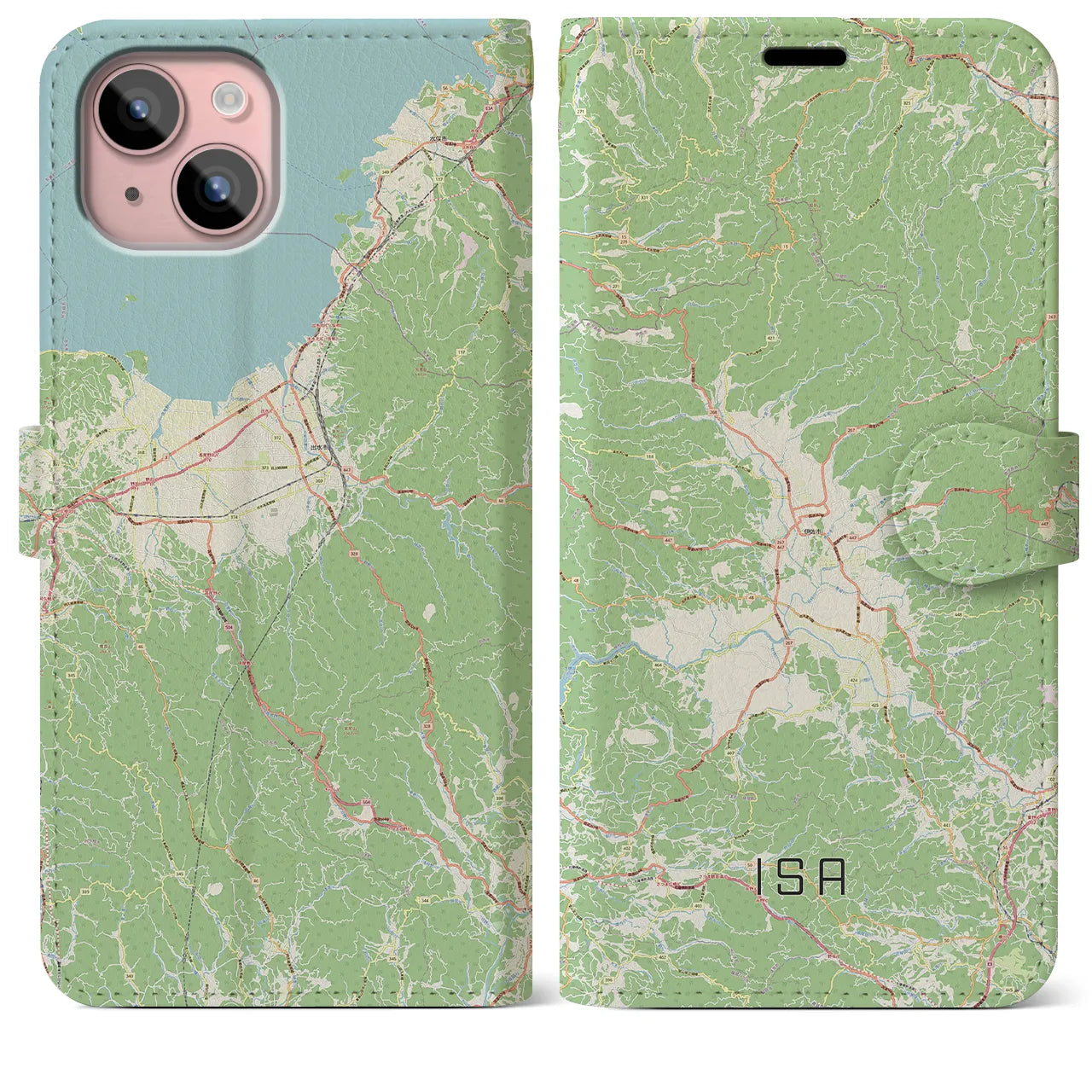 【伊佐】地図柄iPhoneケース（手帳両面タイプ・ナチュラル）iPhone 15 Plus 用