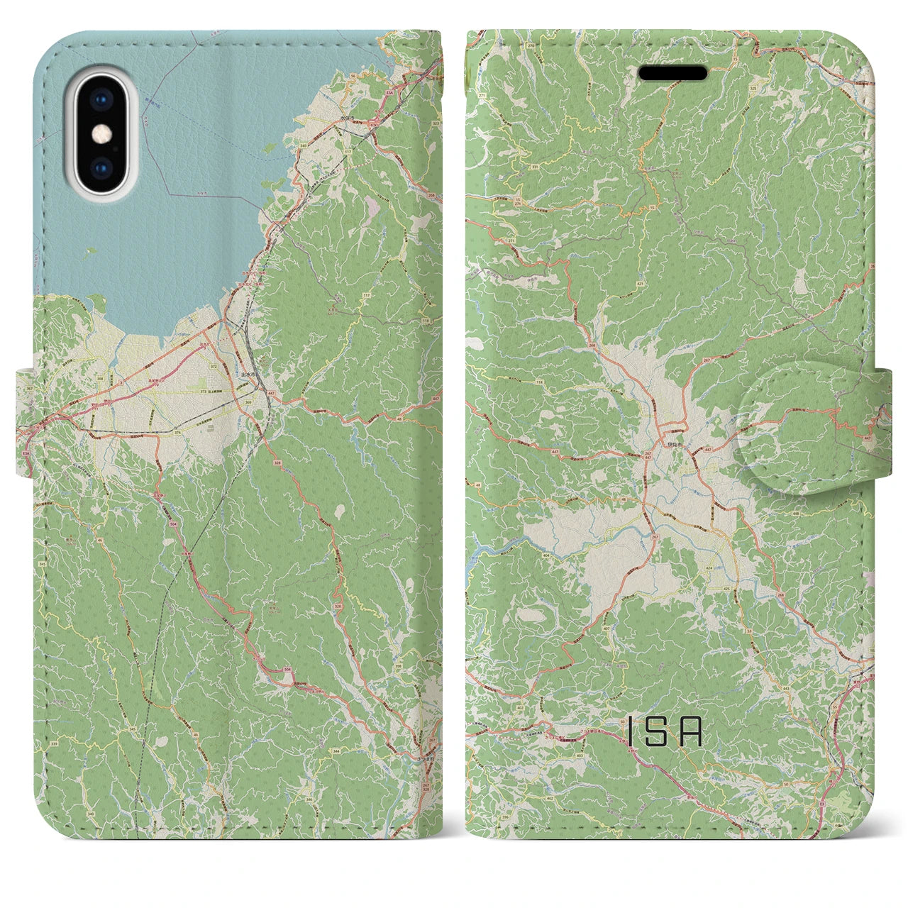【伊佐】地図柄iPhoneケース（手帳両面タイプ・ナチュラル）iPhone XS Max 用