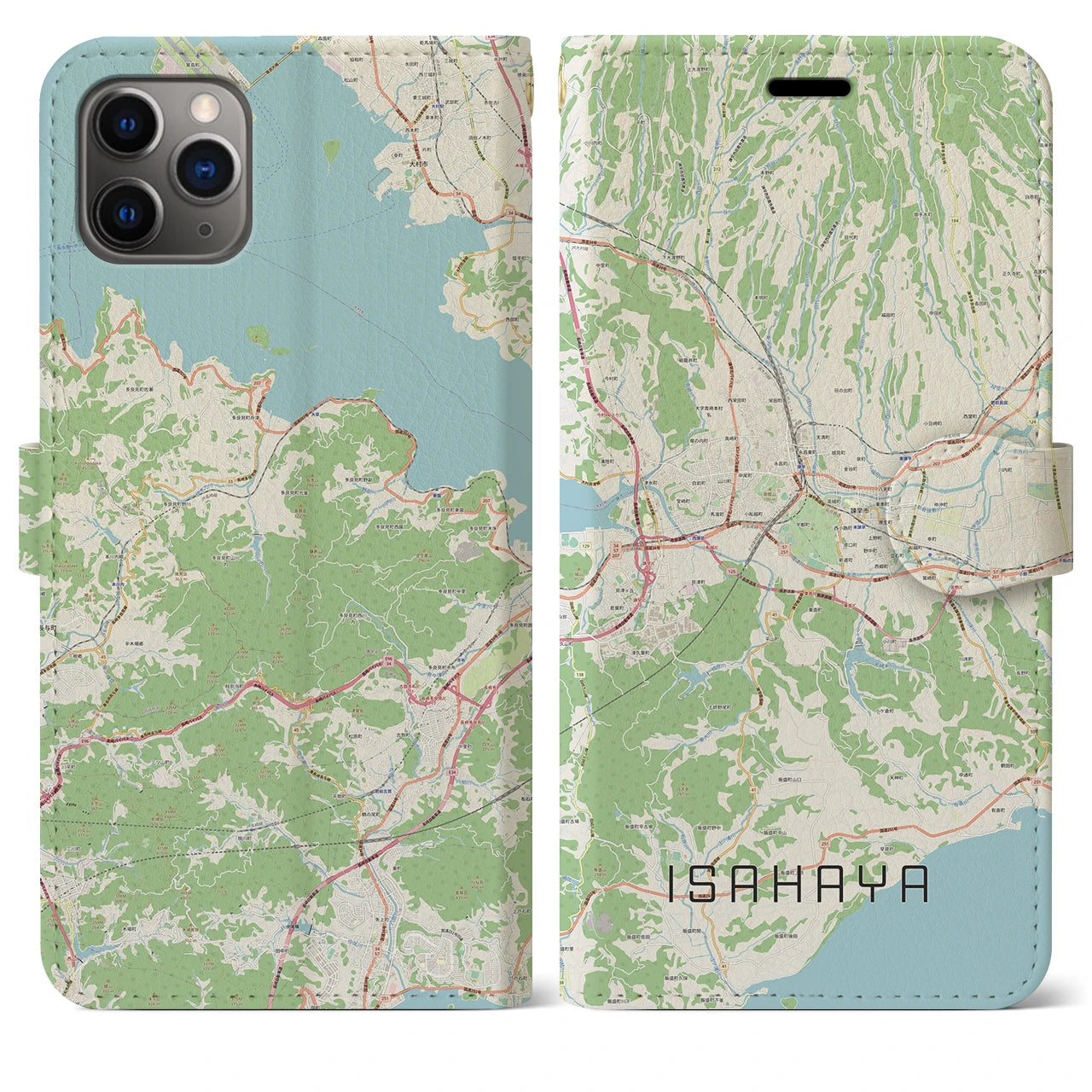 【諫早】地図柄iPhoneケース（手帳両面タイプ・ナチュラル）iPhone 11 Pro Max 用