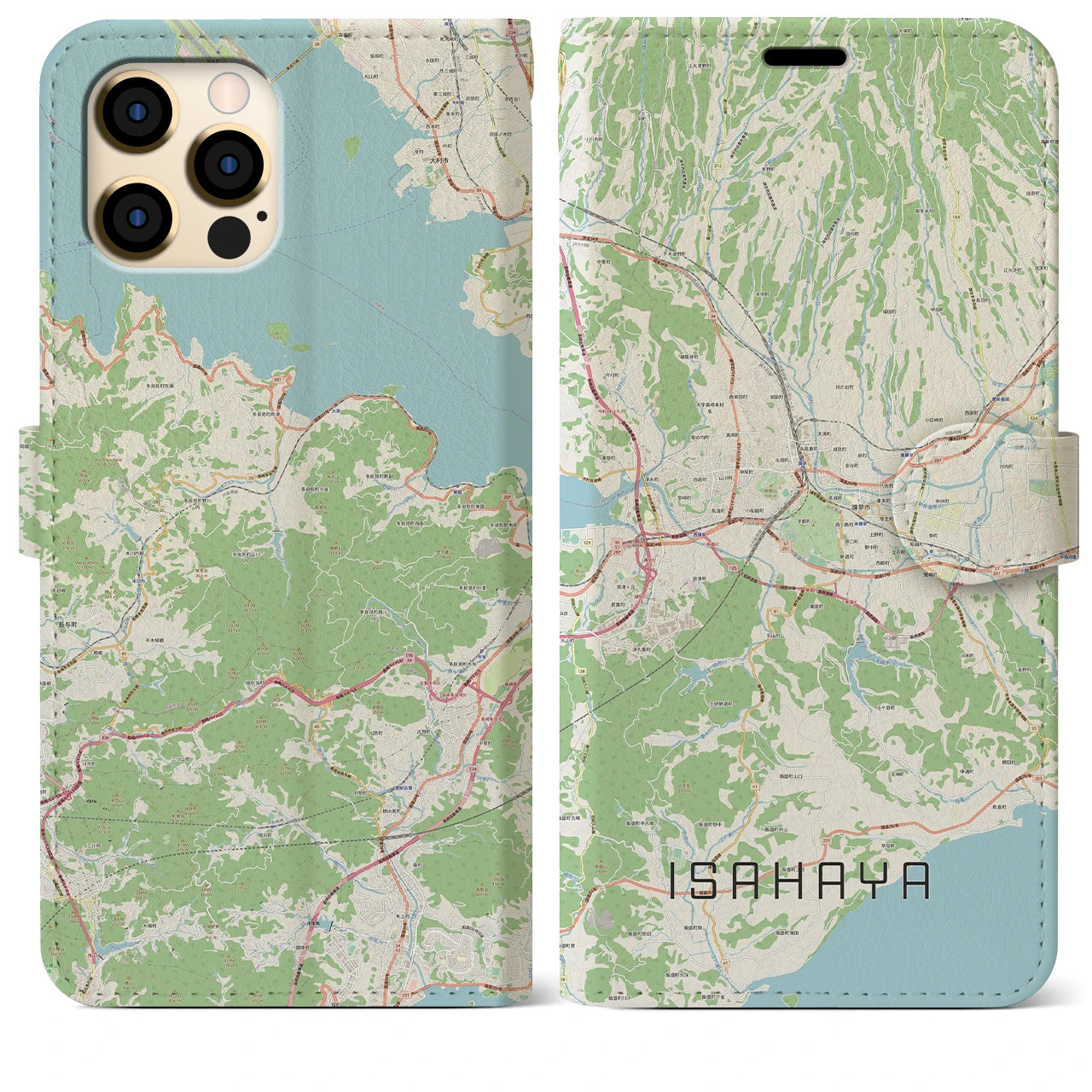 【諫早】地図柄iPhoneケース（手帳両面タイプ・ナチュラル）iPhone 12 Pro Max 用