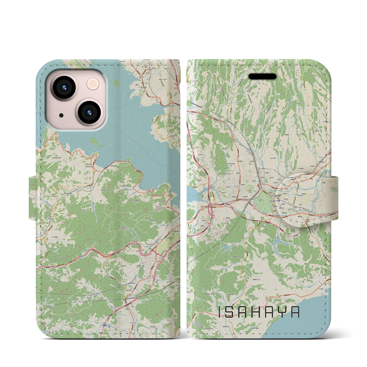 【諫早】地図柄iPhoneケース（手帳両面タイプ・ナチュラル）iPhone 13 mini 用