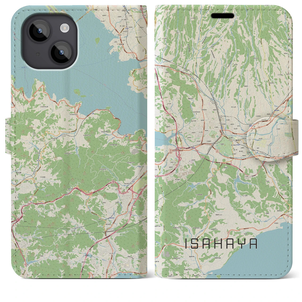 【諫早】地図柄iPhoneケース（手帳両面タイプ・ナチュラル）iPhone 14 Plus 用