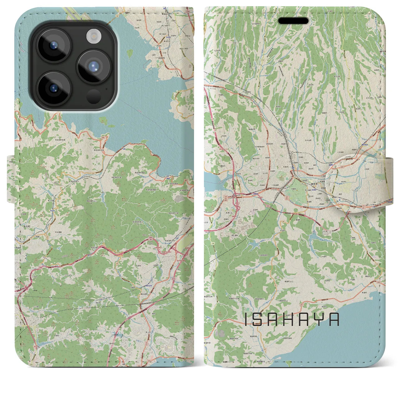 【諫早】地図柄iPhoneケース（手帳両面タイプ・ナチュラル）iPhone 15 Pro Max 用