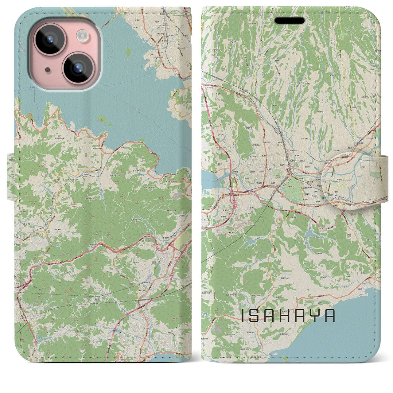 【諫早】地図柄iPhoneケース（手帳両面タイプ・ナチュラル）iPhone 15 Plus 用
