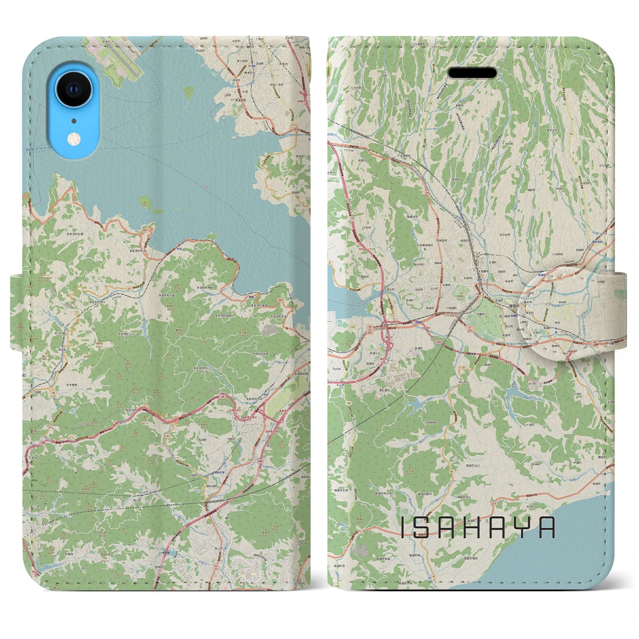 【諫早】地図柄iPhoneケース（手帳両面タイプ・ナチュラル）iPhone XR 用