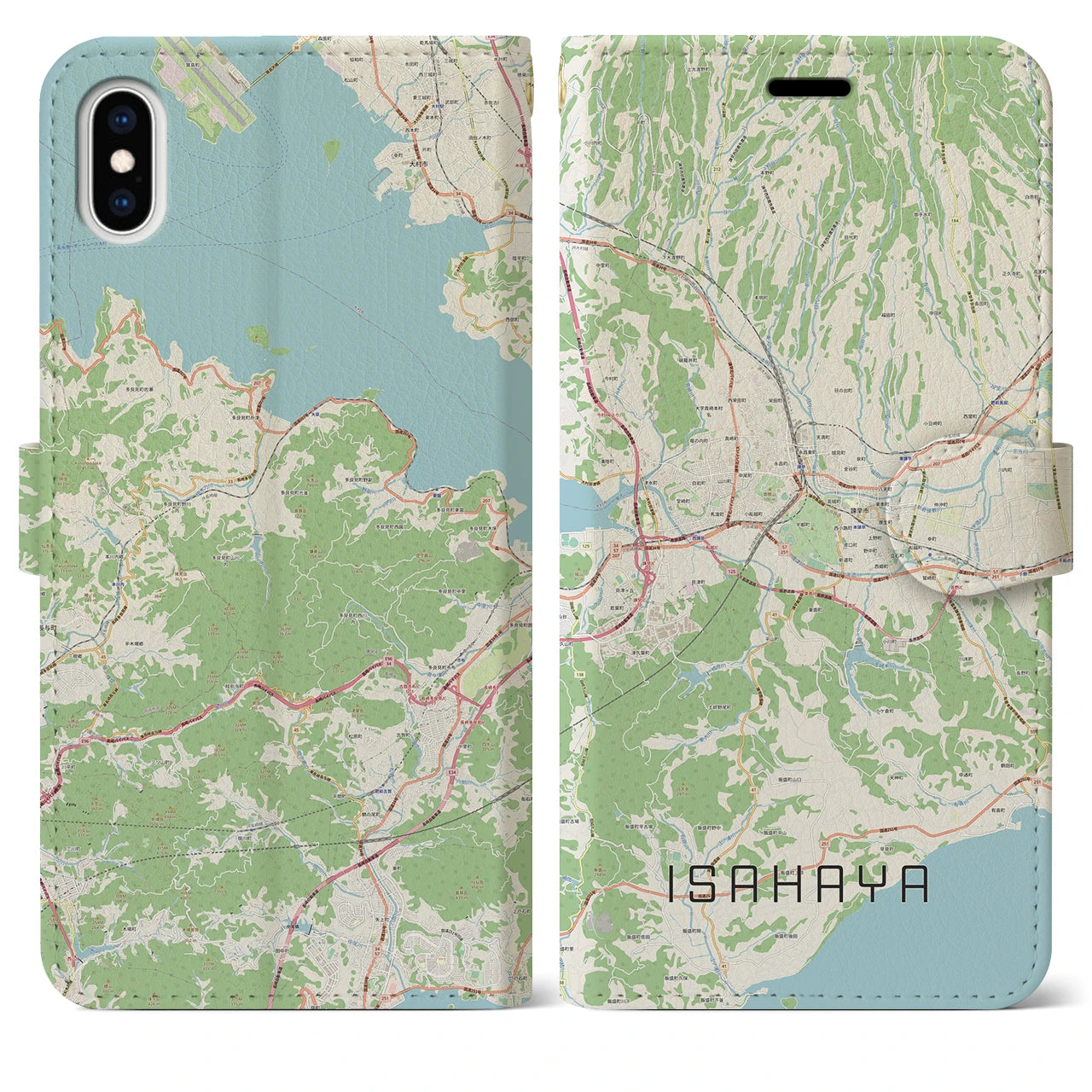 【諫早】地図柄iPhoneケース（手帳両面タイプ・ナチュラル）iPhone XS Max 用