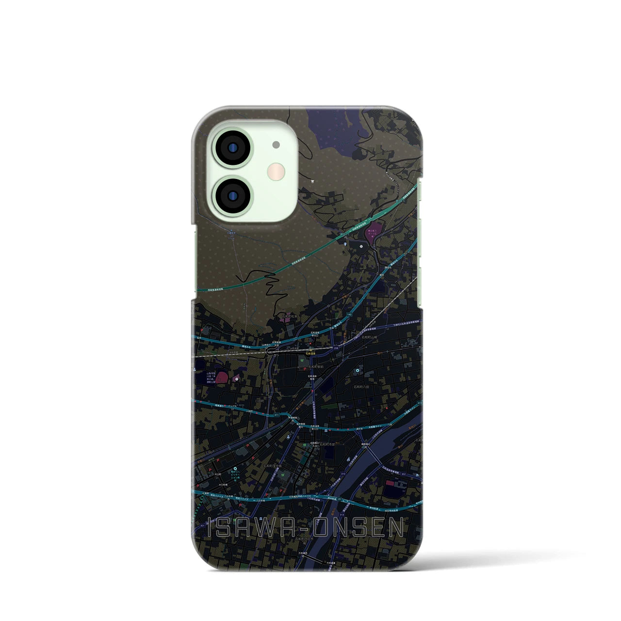【石和温泉】地図柄iPhoneケース（バックカバータイプ・ブラック）iPhone 12 mini 用