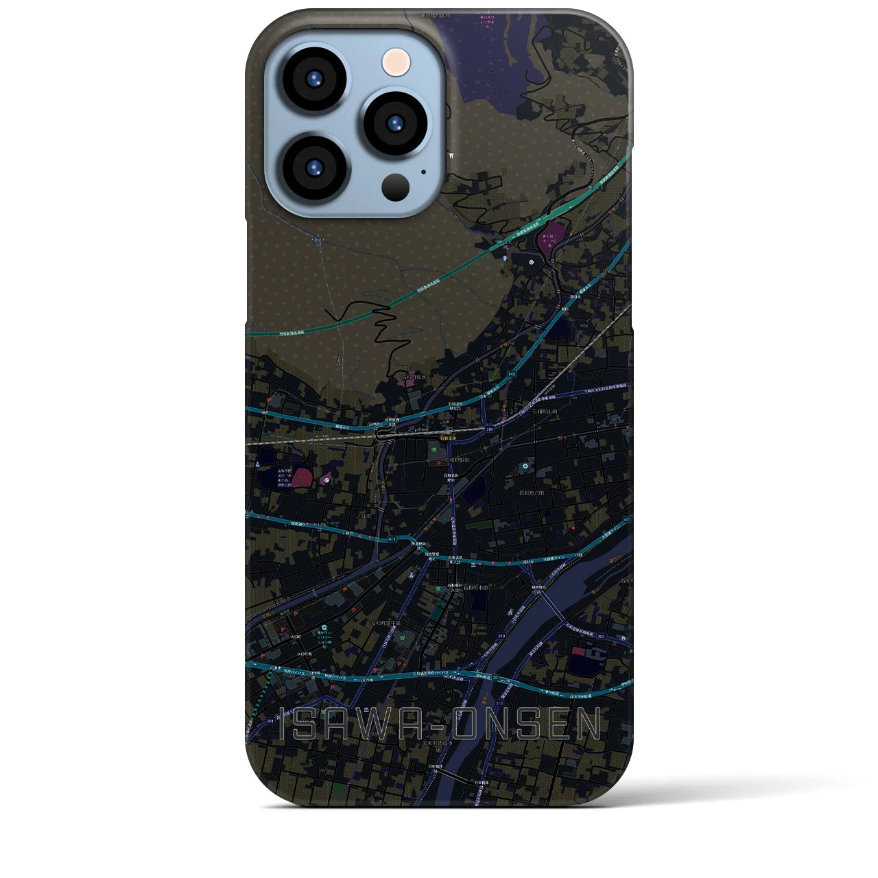【石和温泉】地図柄iPhoneケース（バックカバータイプ・ブラック）iPhone 13 Pro Max 用