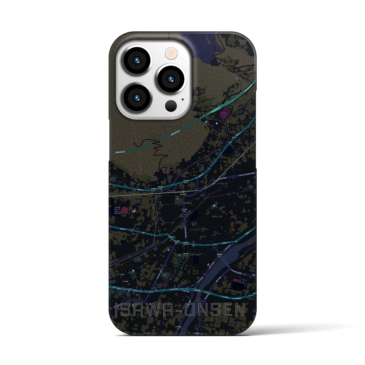 【石和温泉】地図柄iPhoneケース（バックカバータイプ・ブラック）iPhone 13 Pro 用
