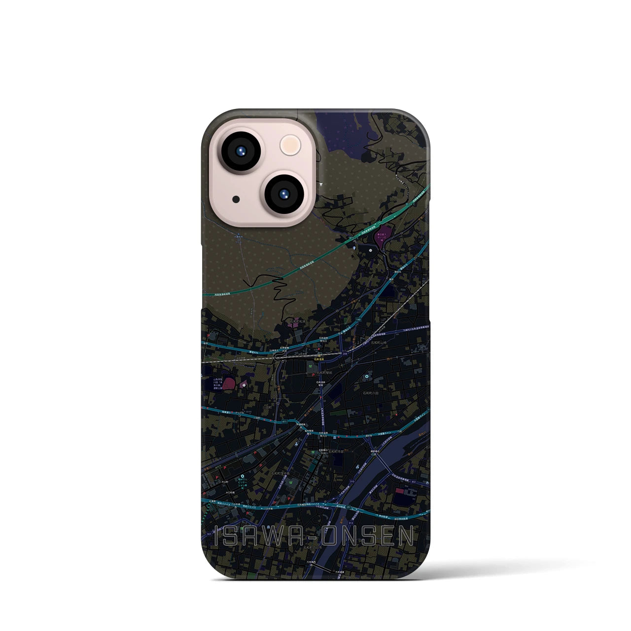 【石和温泉】地図柄iPhoneケース（バックカバータイプ・ブラック）iPhone 13 mini 用