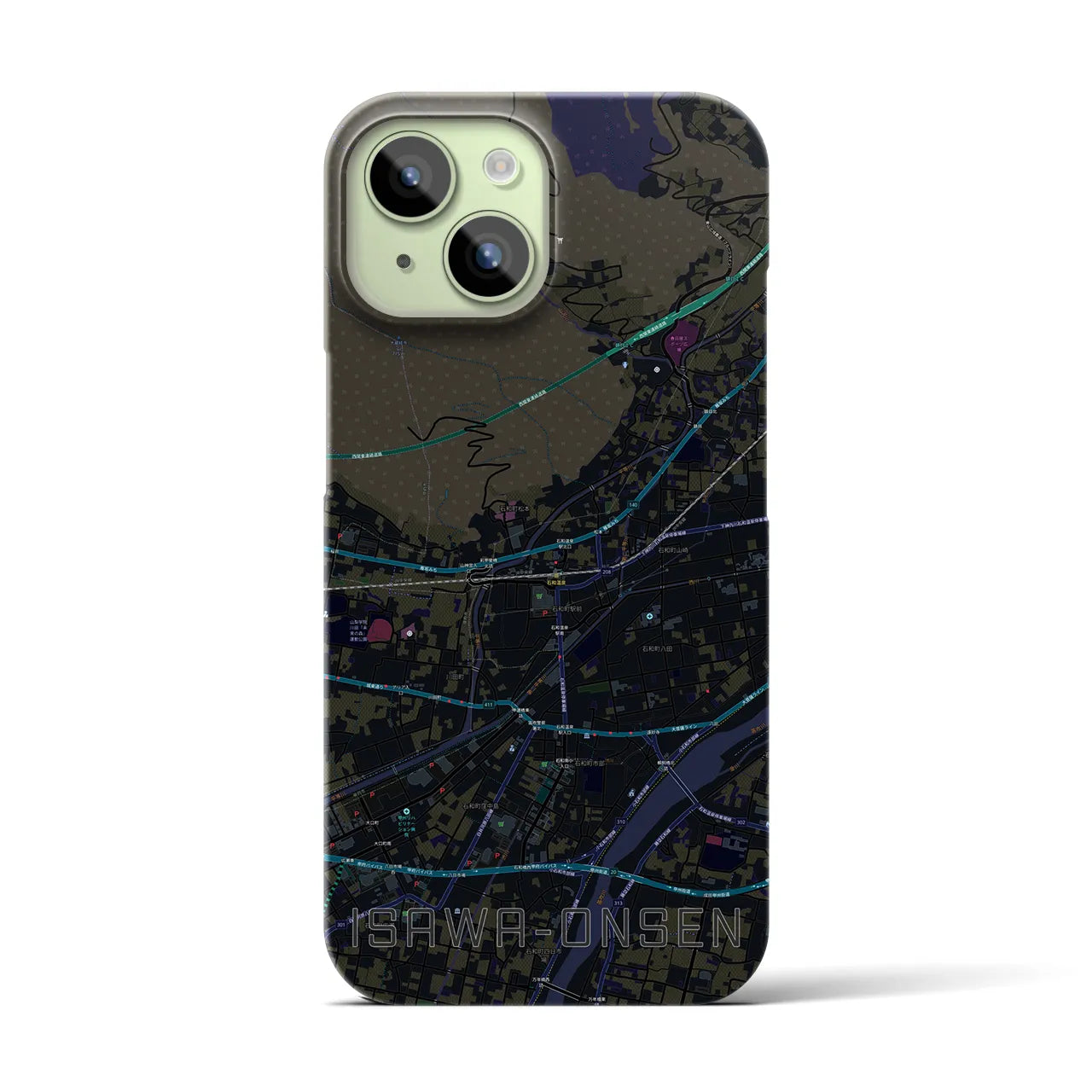 【石和温泉】地図柄iPhoneケース（バックカバータイプ・ブラック）iPhone 15 用