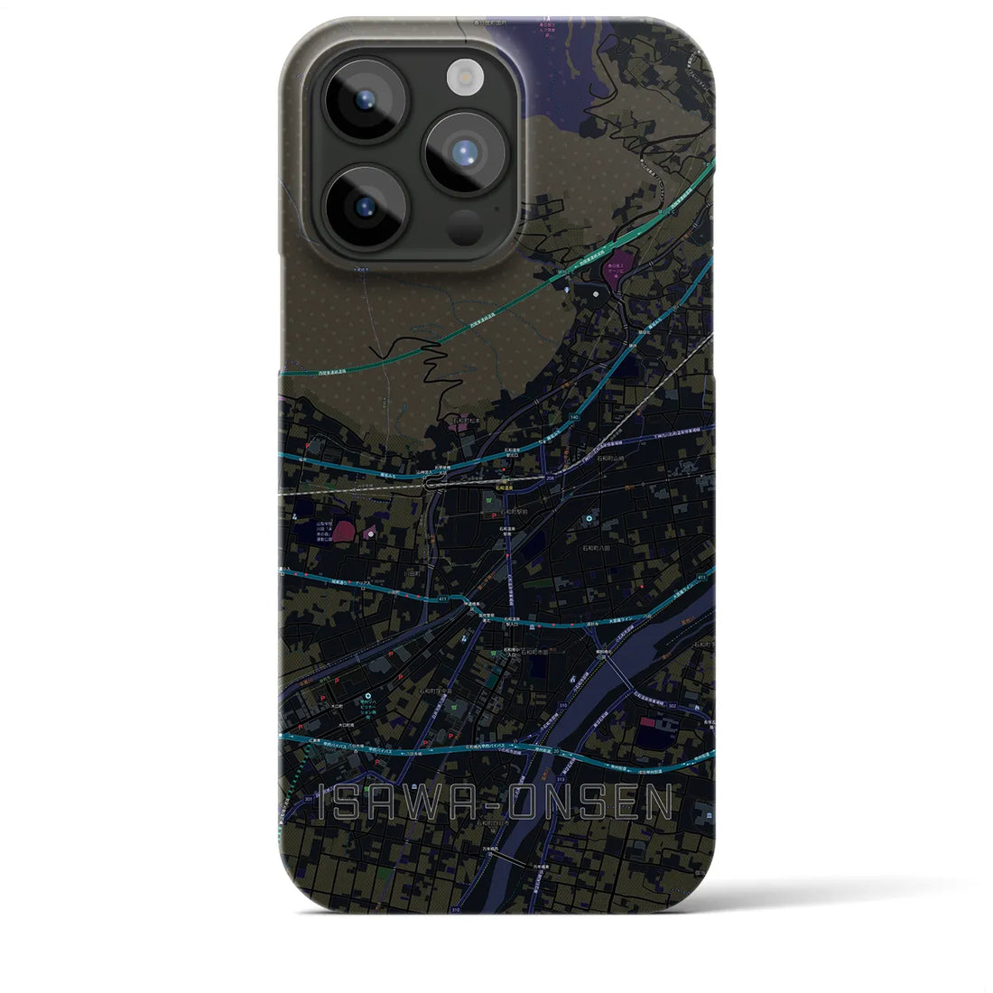 【石和温泉】地図柄iPhoneケース（バックカバータイプ・ブラック）iPhone 15 Pro Max 用