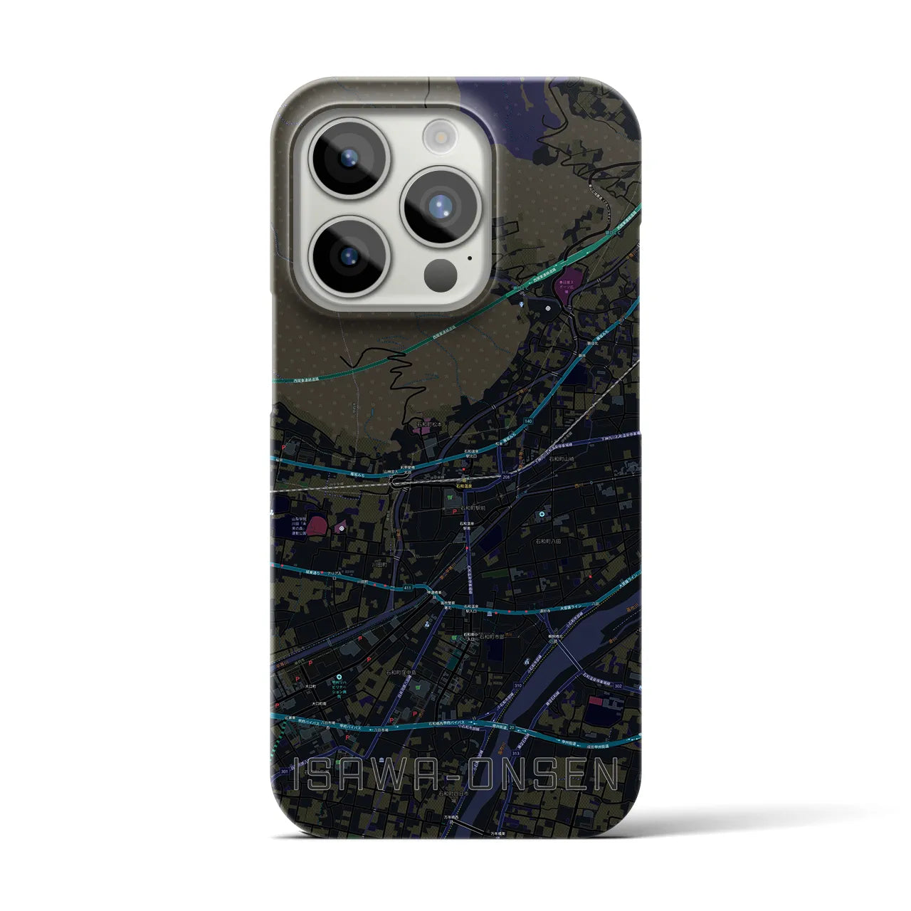 【石和温泉】地図柄iPhoneケース（バックカバータイプ・ブラック）iPhone 15 Pro 用