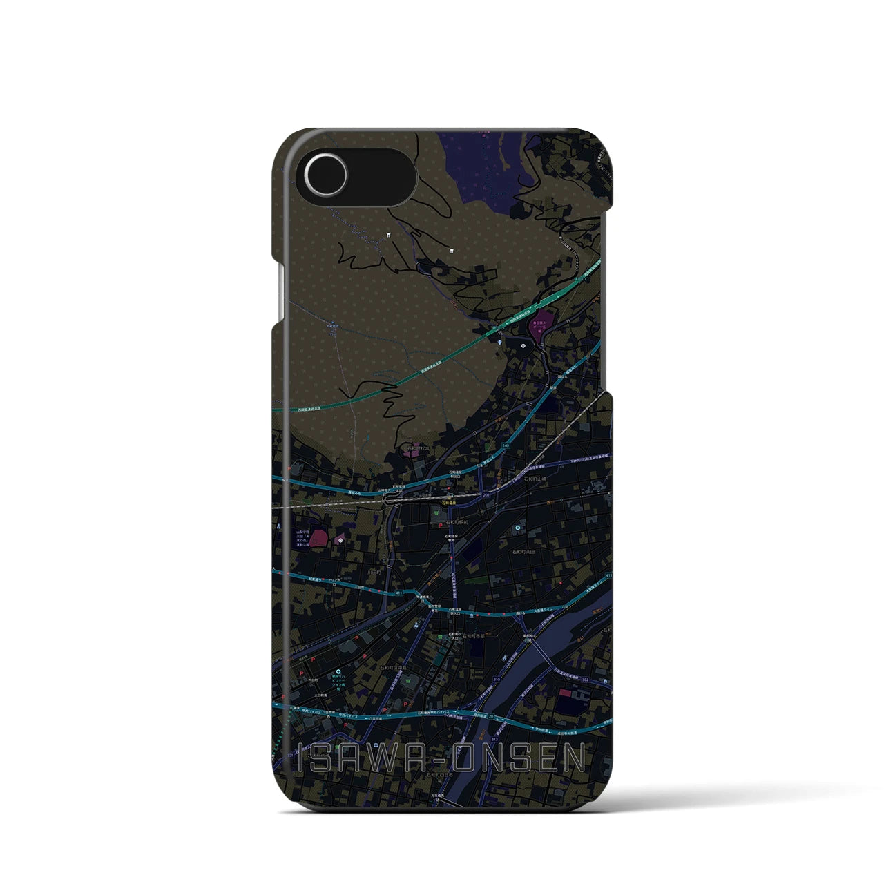 【石和温泉】地図柄iPhoneケース（バックカバータイプ・ブラック）iPhone SE（第3 / 第2世代） / 8 / 7 / 6s / 6 用