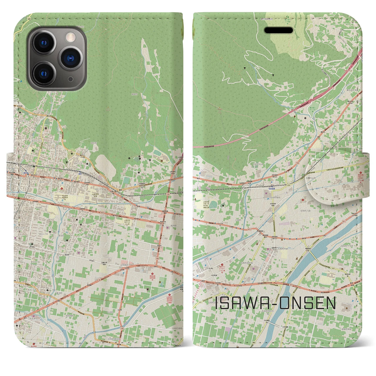 【石和温泉】地図柄iPhoneケース（手帳両面タイプ・ナチュラル）iPhone 11 Pro Max 用